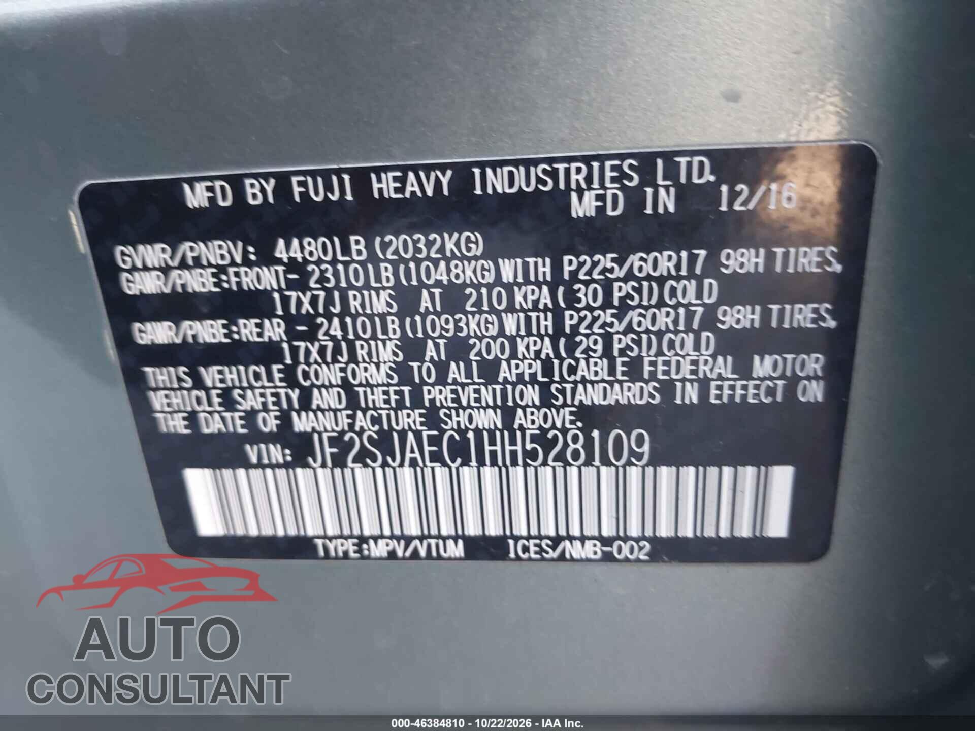 SUBARU FORESTER 2017 - JF2SJAEC1HH528109
