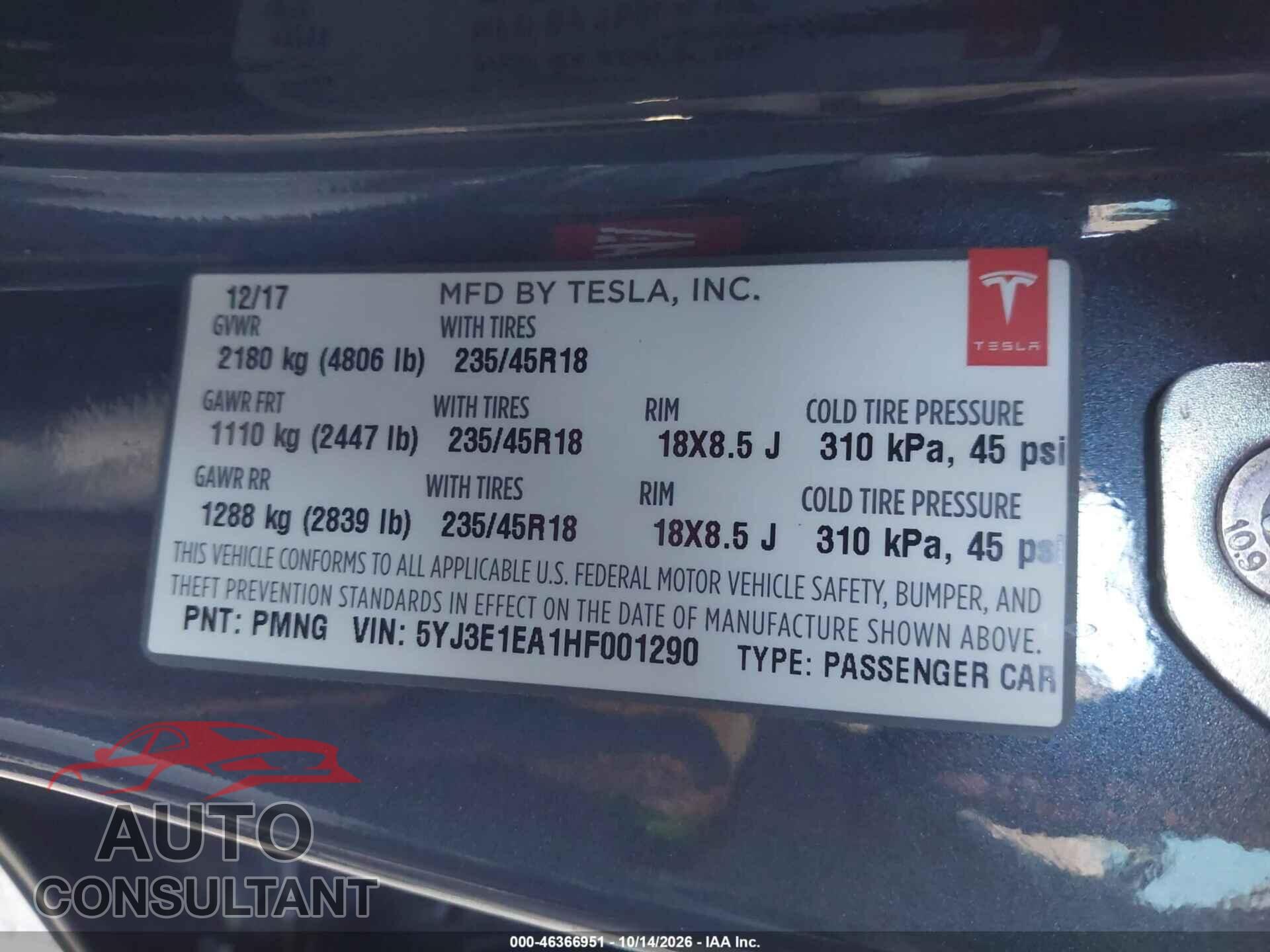 TESLA MODEL 3 2017 - 5YJ3E1EA1HF001290