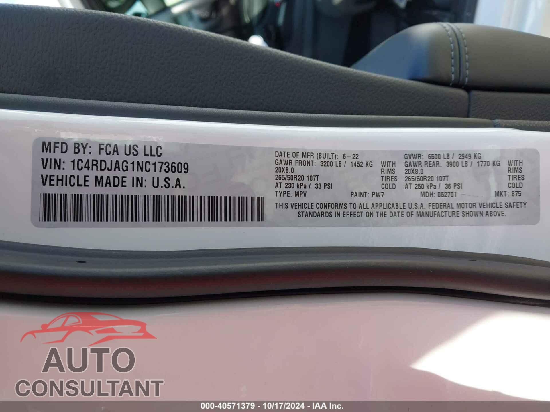 DODGE DURANGO 2022 - 1C4RDJAG1NC173609