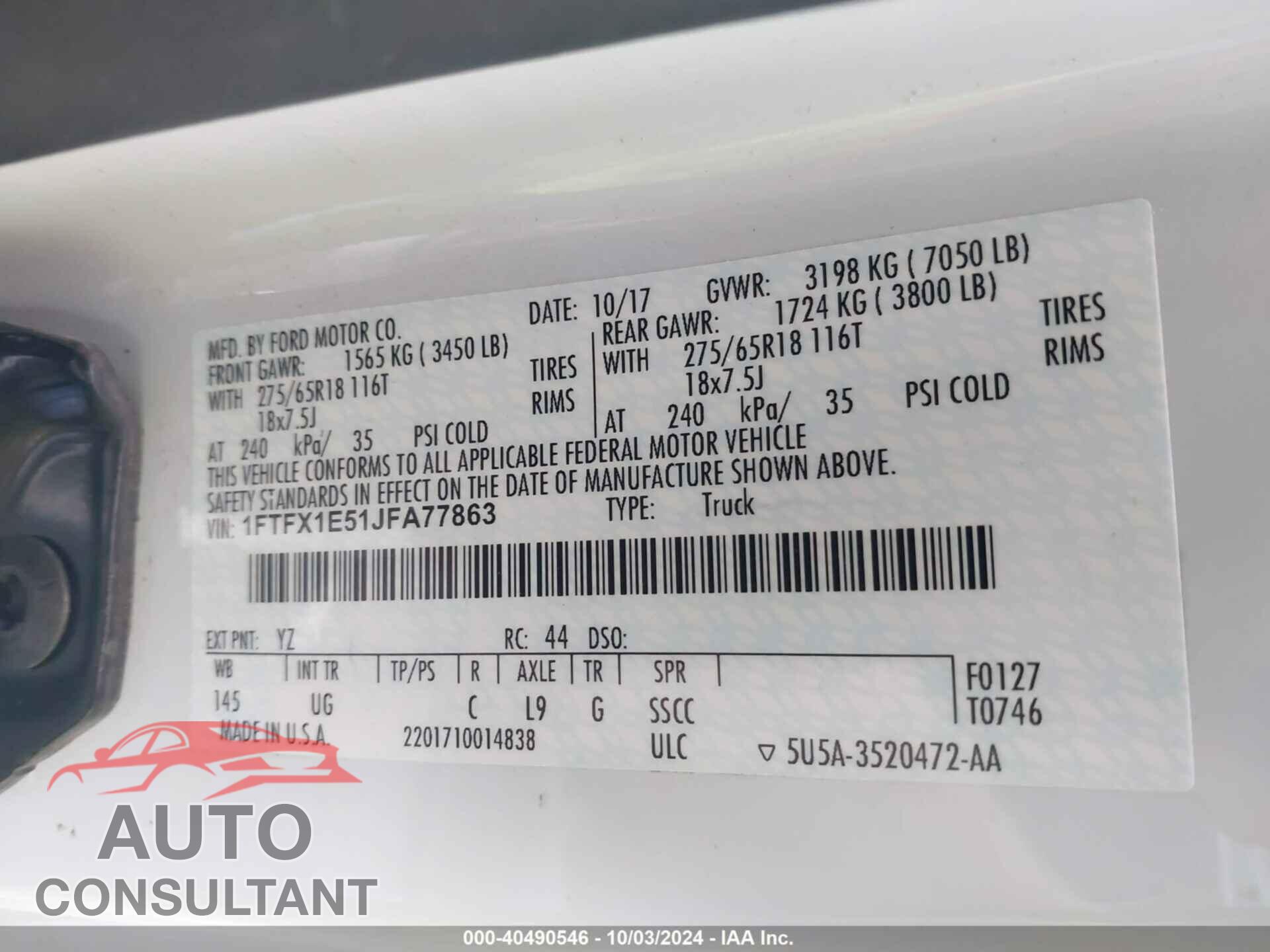 FORD F150 2018 - 1FTFX1E51JFA77863