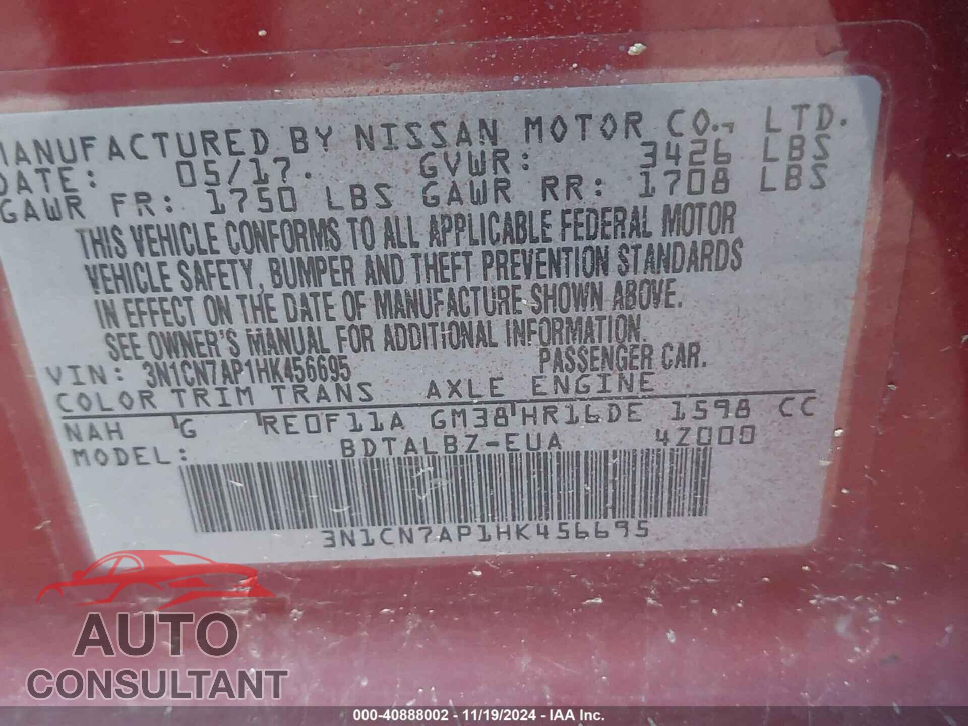 NISSAN VERSA 2017 - 3N1CN7AP1HK456695