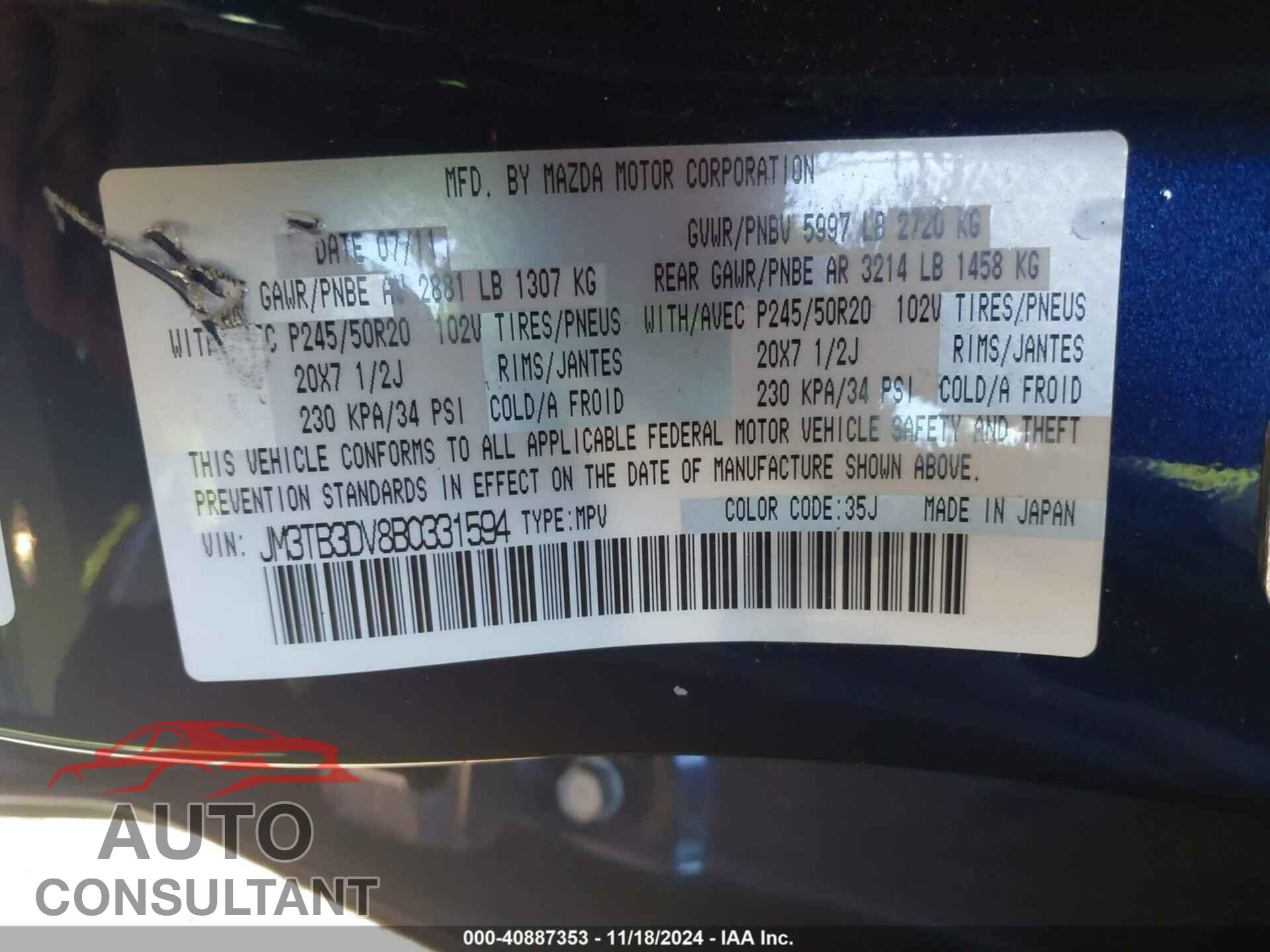 MAZDA CX-9 2011 - JM3TB3DV8B0331594