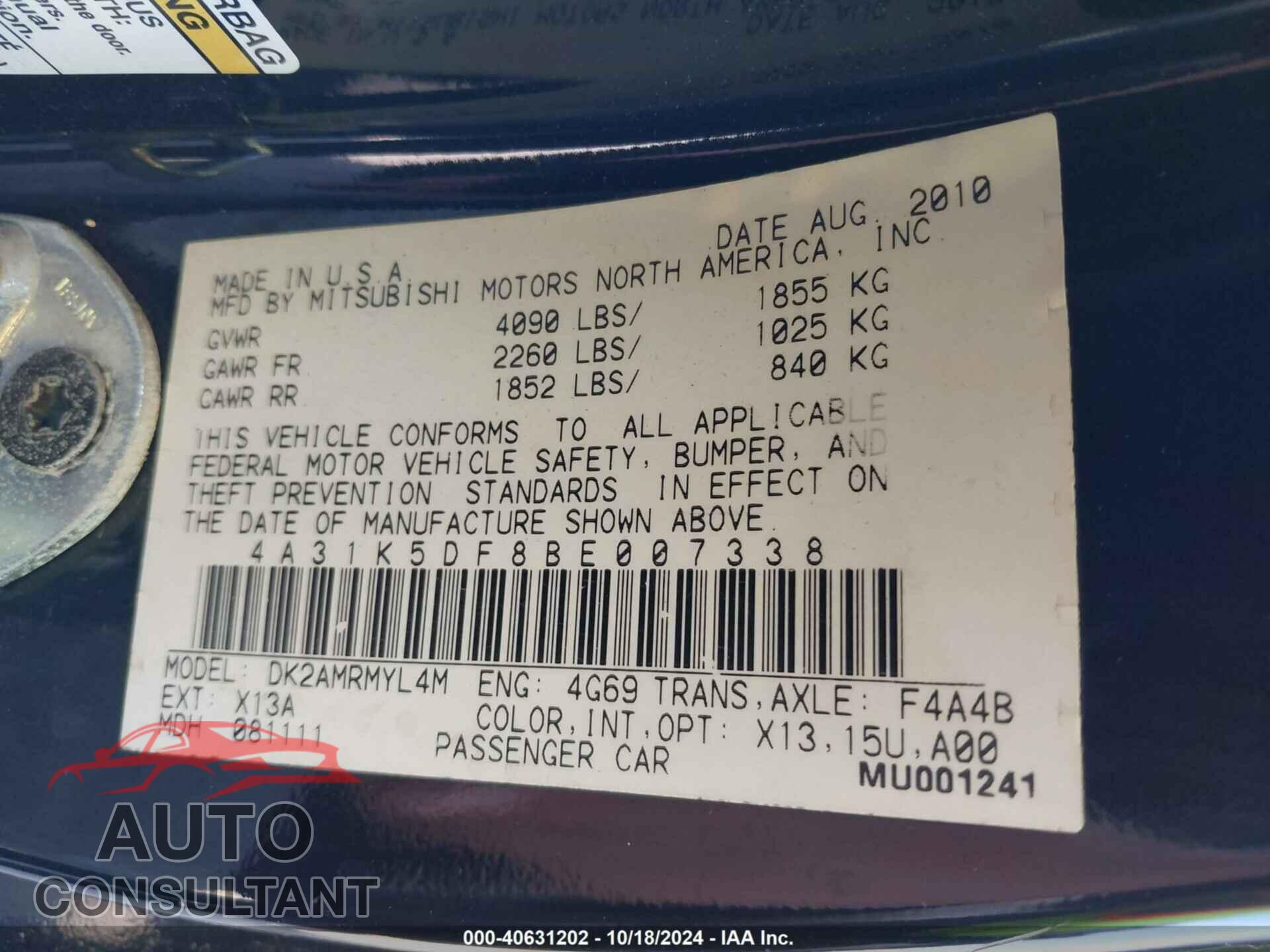 MITSUBISHI ECLIPSE 2011 - 4A31K5DF8BE007338