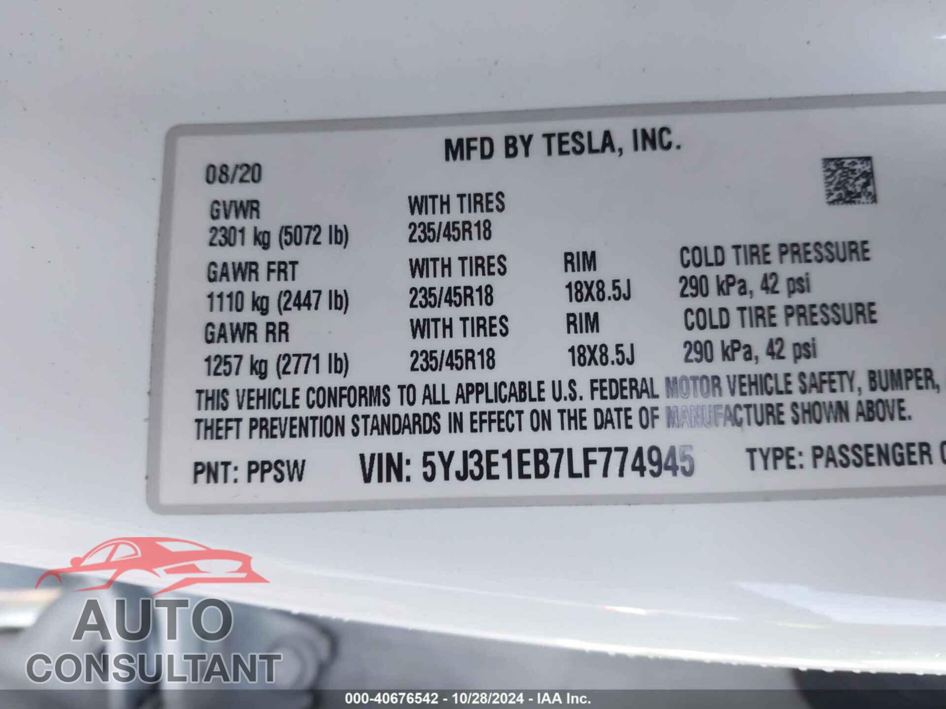 TESLA MODEL 3 2020 - 5YJ3E1EB7LF774945