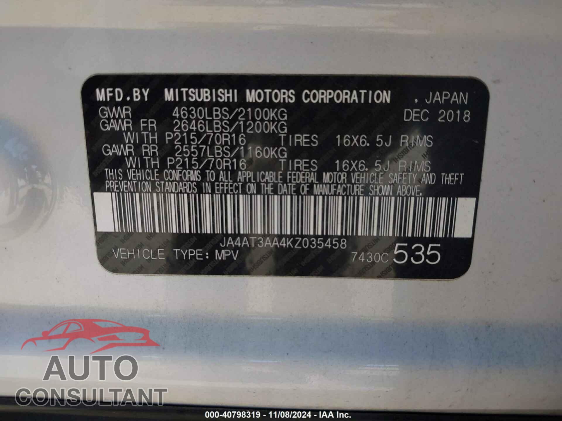 MITSUBISHI ECLIPSE CROSS 2019 - JA4AT3AA4KZ035458