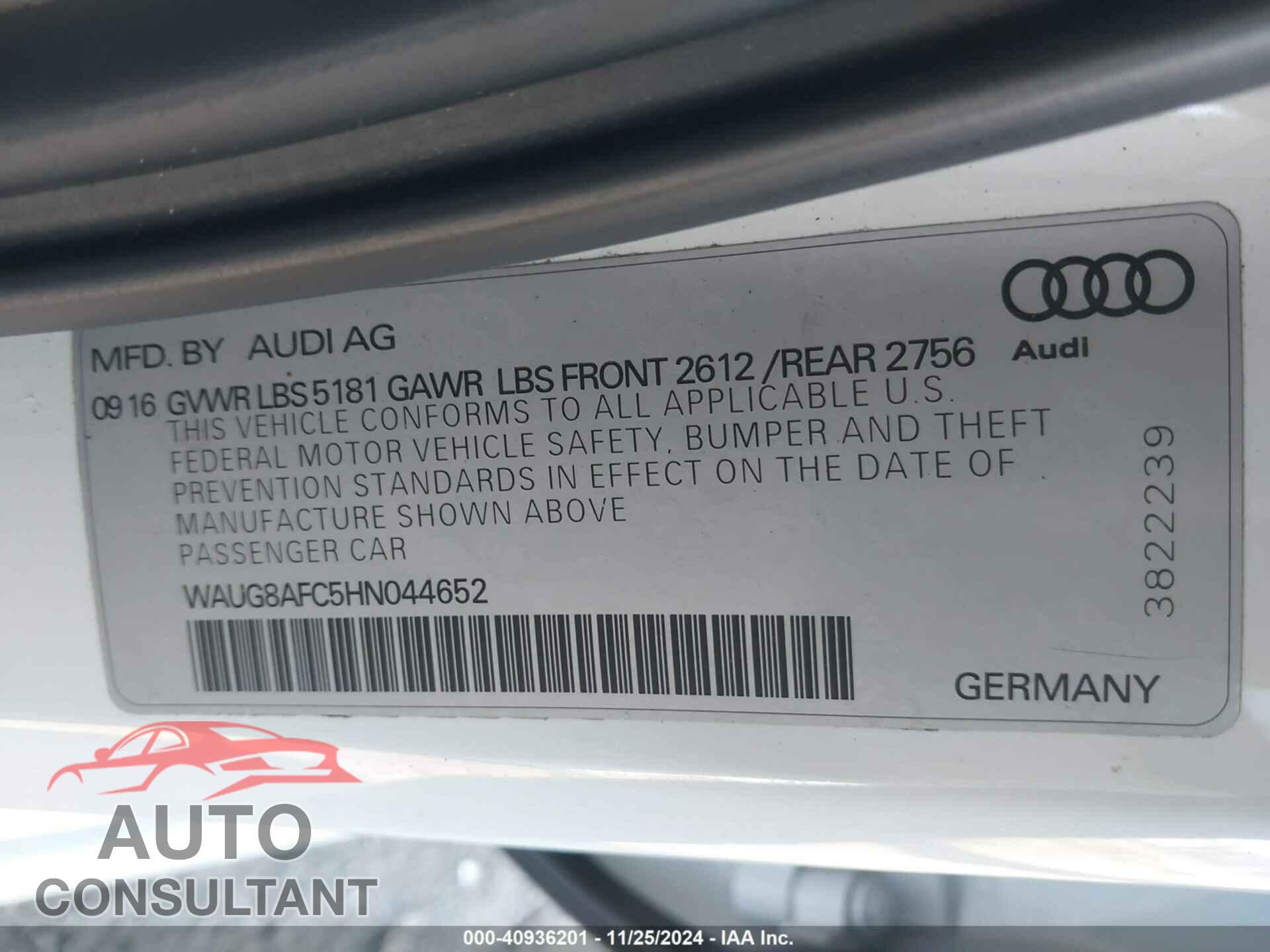 AUDI A6 2017 - WAUG8AFC5HN044652