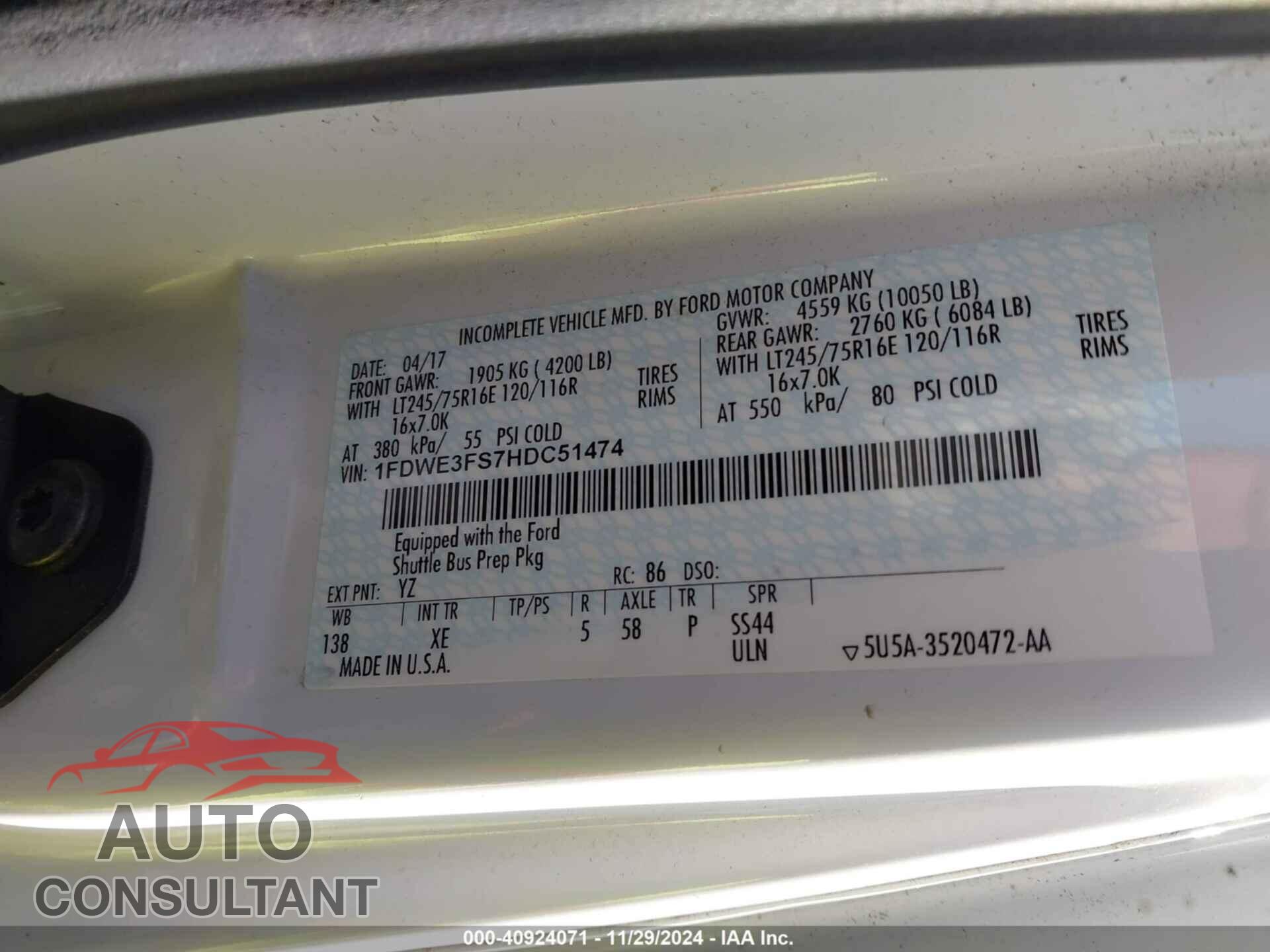 FORD E-350 CUTAWAY 2017 - 1FDWE3FS7HDC51474