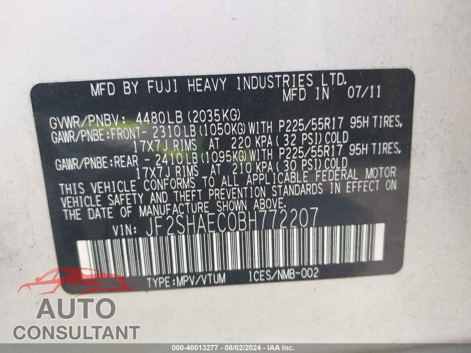 SUBARU FORESTER 2011 - JF2SHAEC0BH772207