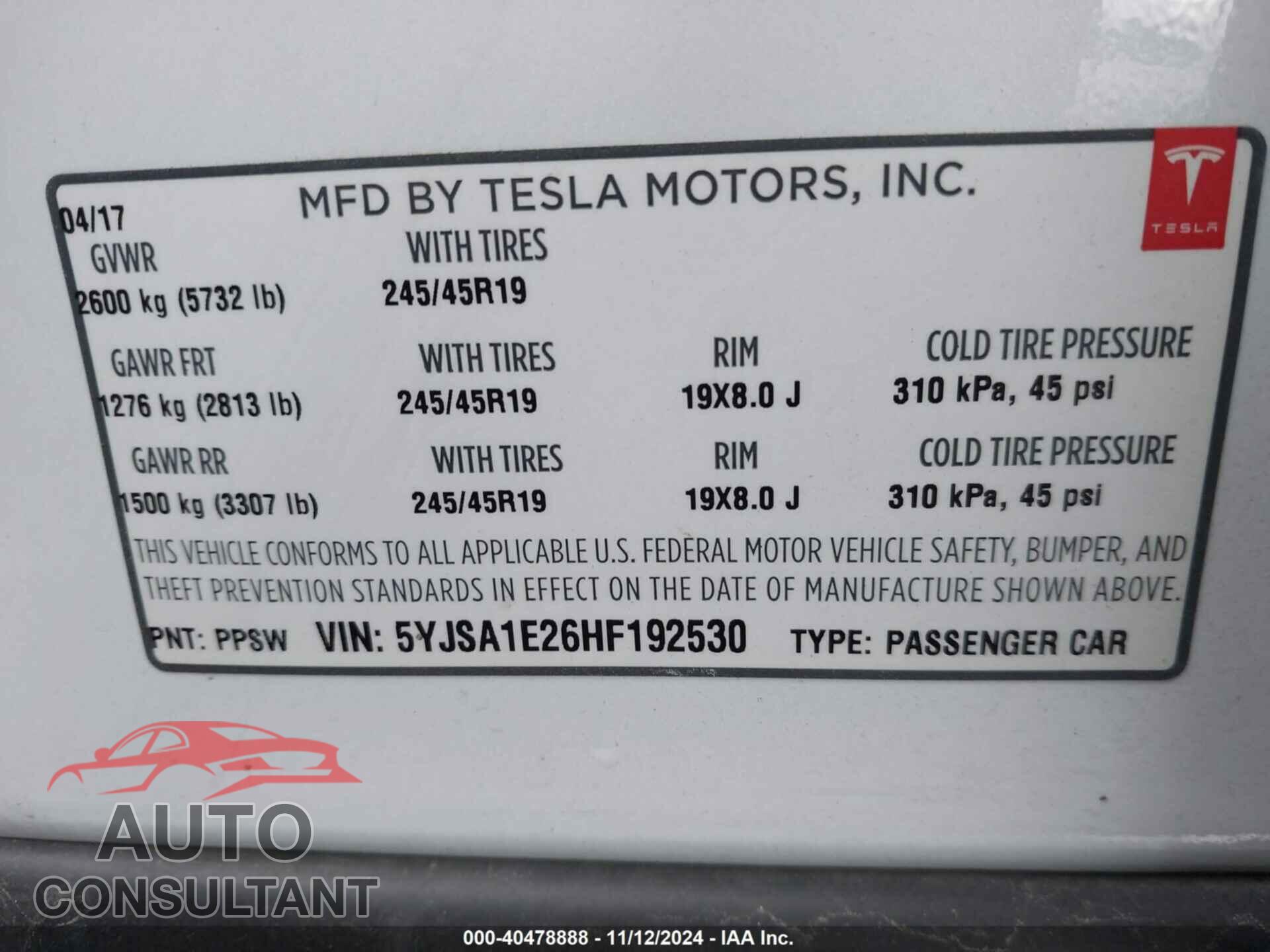 TESLA MODEL S 2017 - 5YJSA1E26HF192530