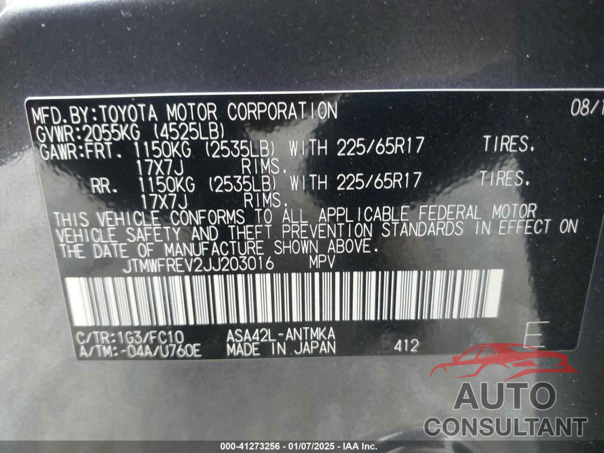 TOYOTA RAV4 2018 - JTMWFREV2JJ203016
