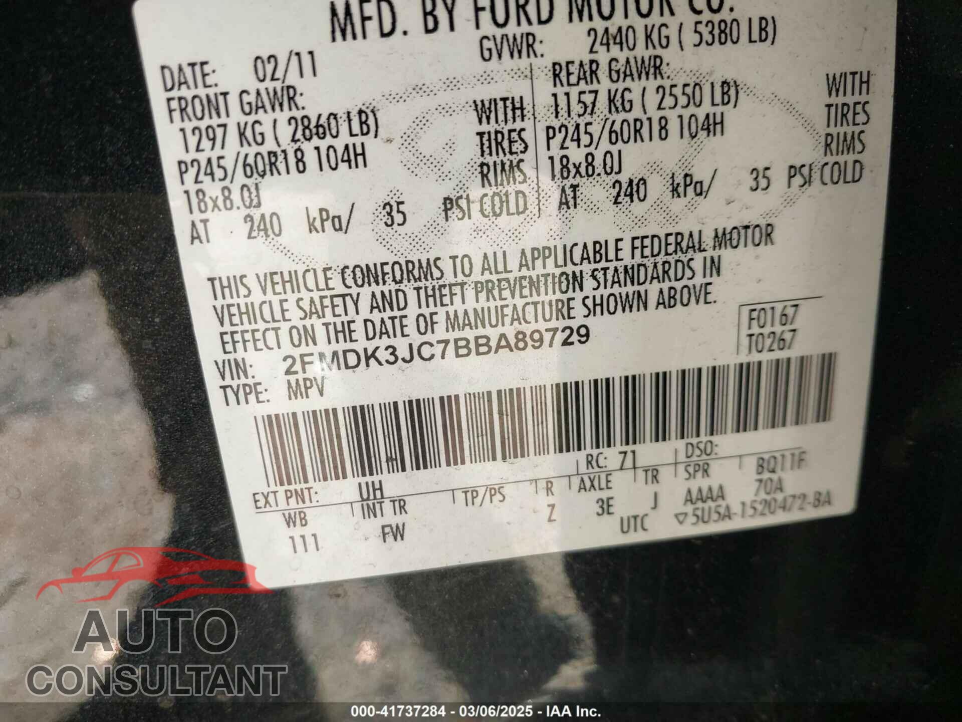 FORD EDGE 2011 - 2FMDK3JC7BBA89729