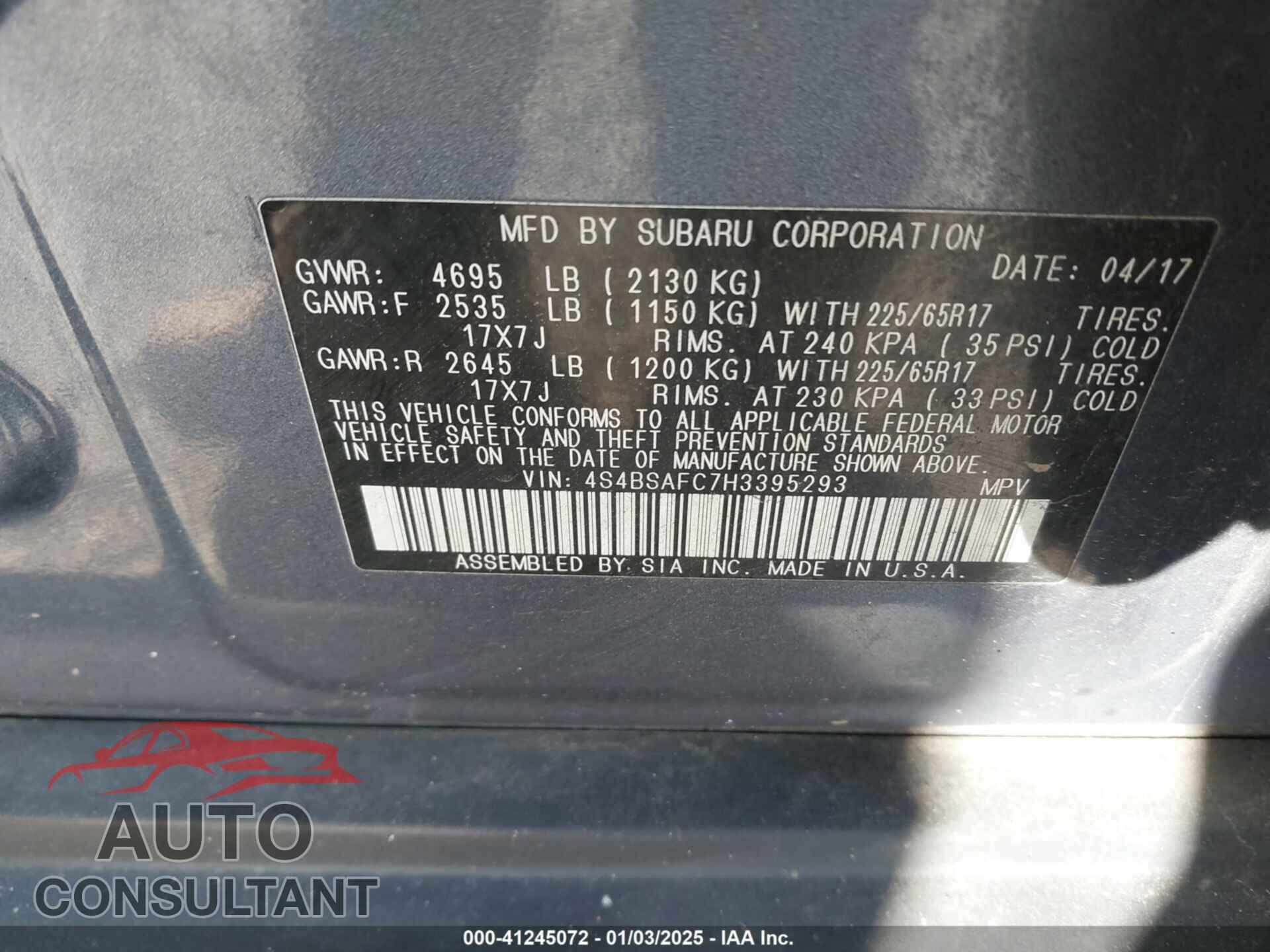 SUBARU OUTBACK 2017 - 4S4BSAFC7H3395293