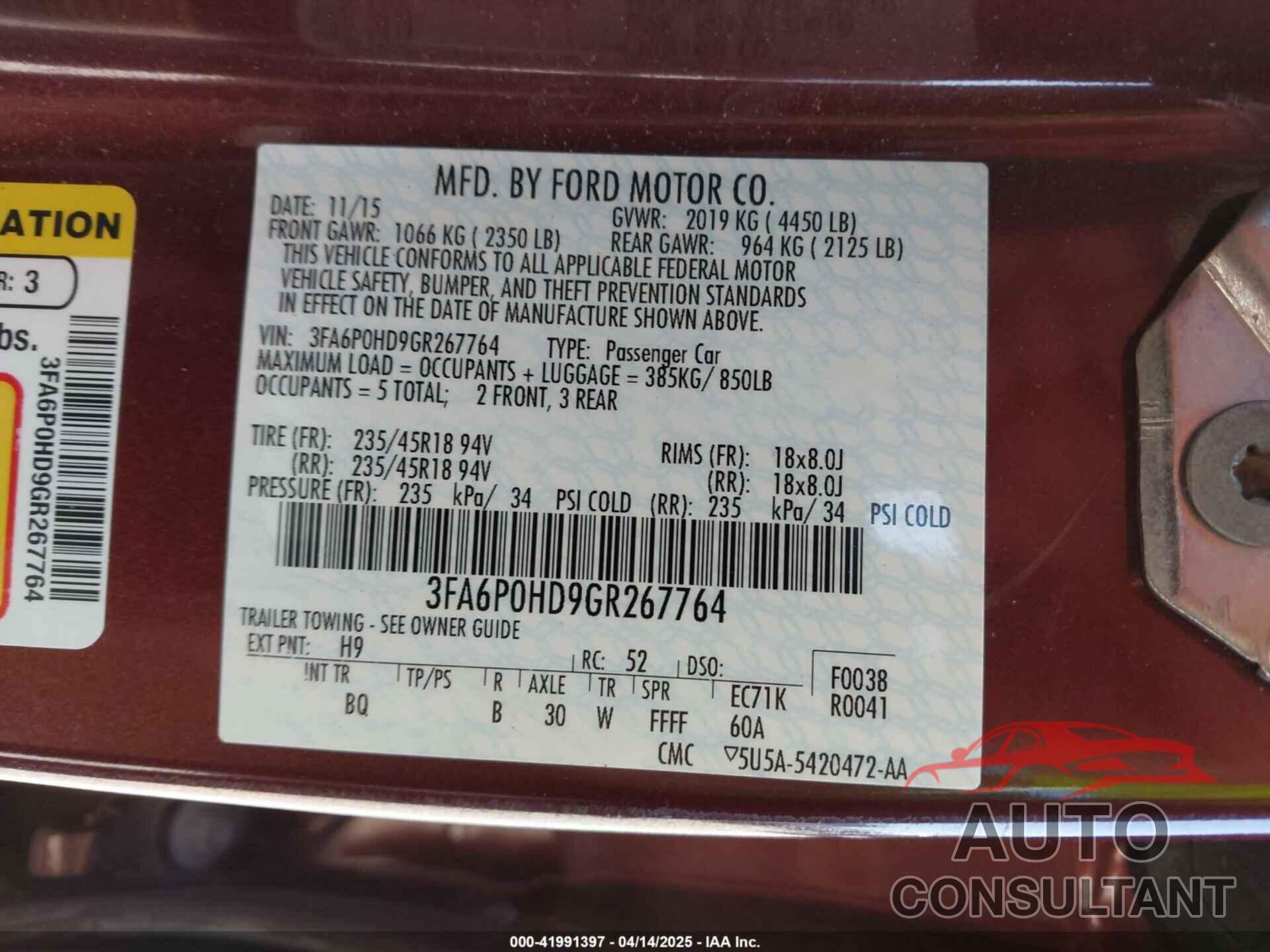 FORD FUSION 2016 - 3FA6P0HD9GR267764