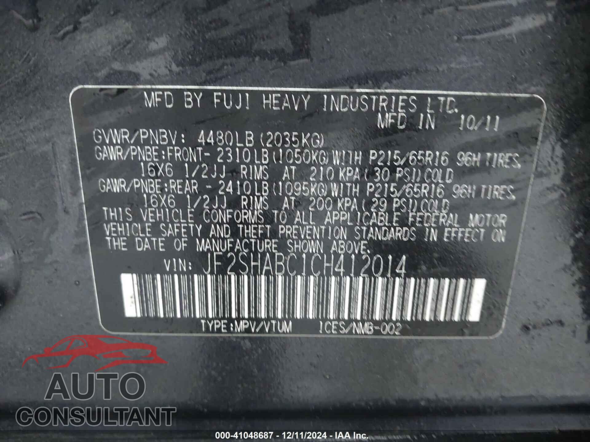 SUBARU FORESTER 2012 - JF2SHABC1CH412014