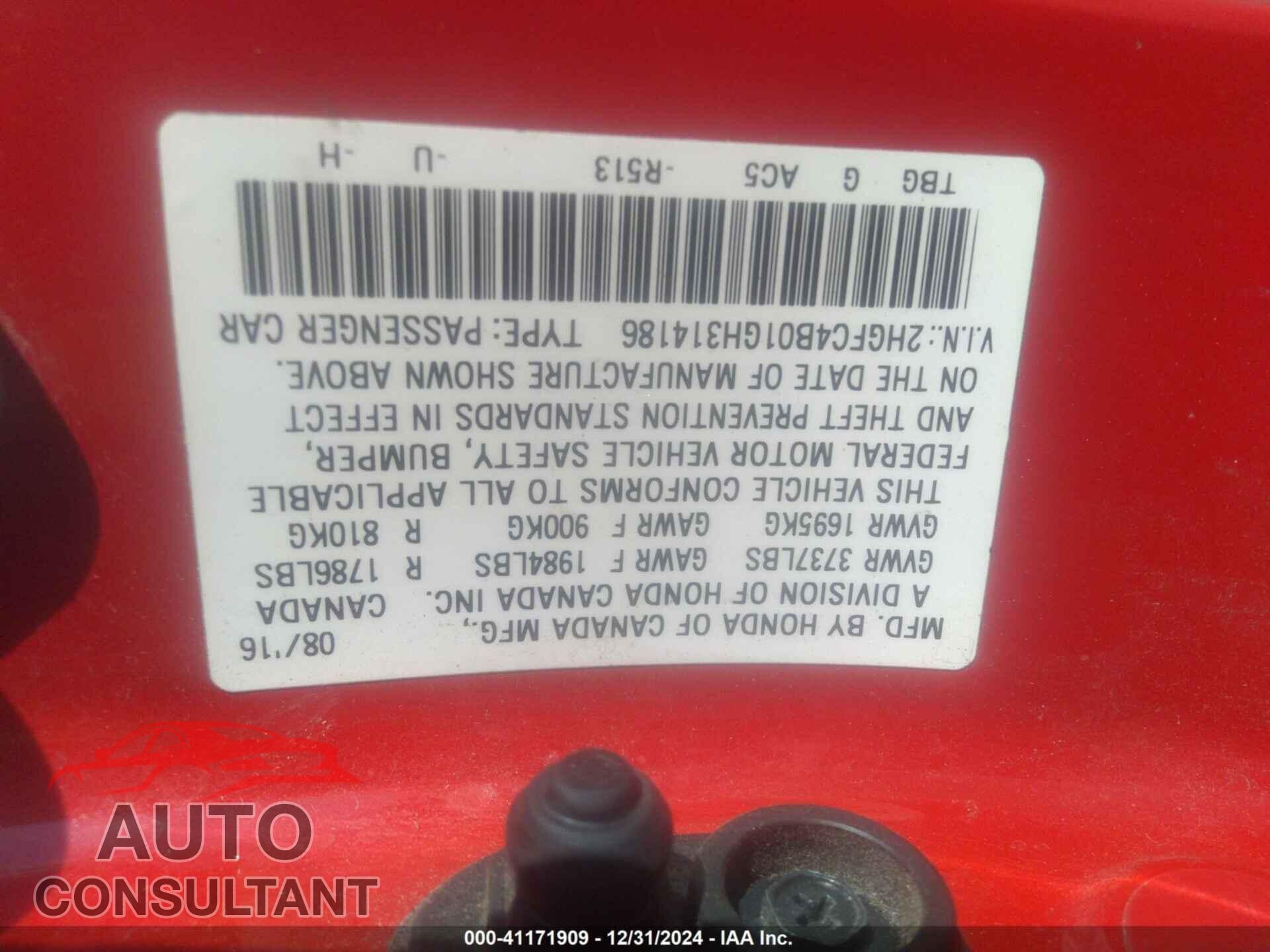 HONDA CIVIC 2016 - 2HGFC4B01GH314186