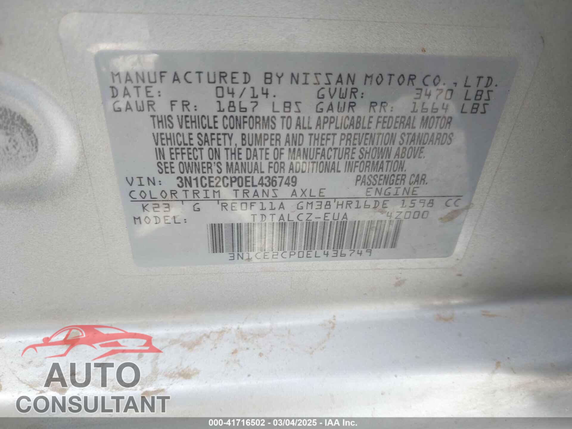 NISSAN VERSA NOTE 2014 - 3N1CE2CP0EL436749