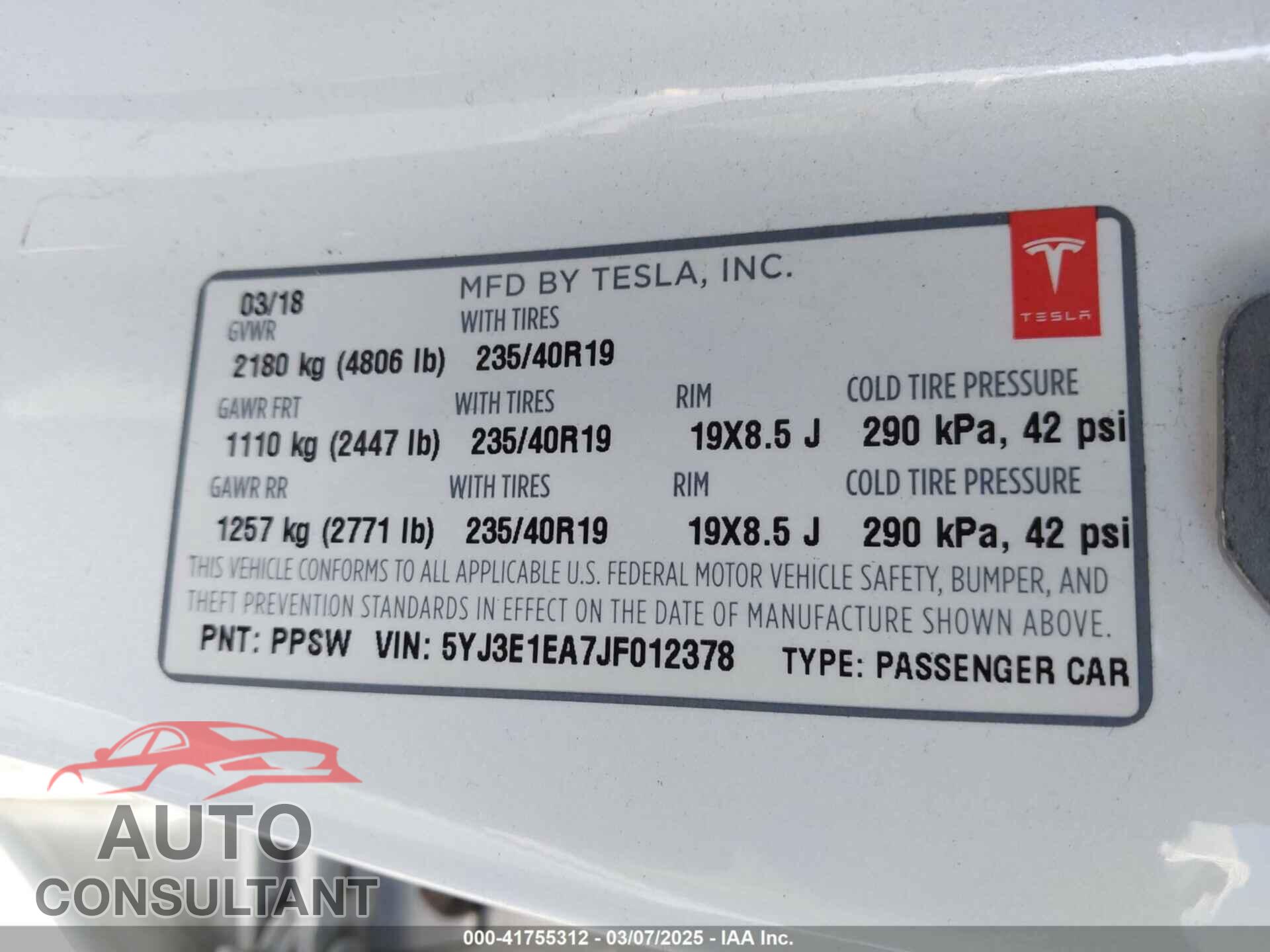 TESLA MODEL 3 2018 - 5YJ3E1EA7JF012378