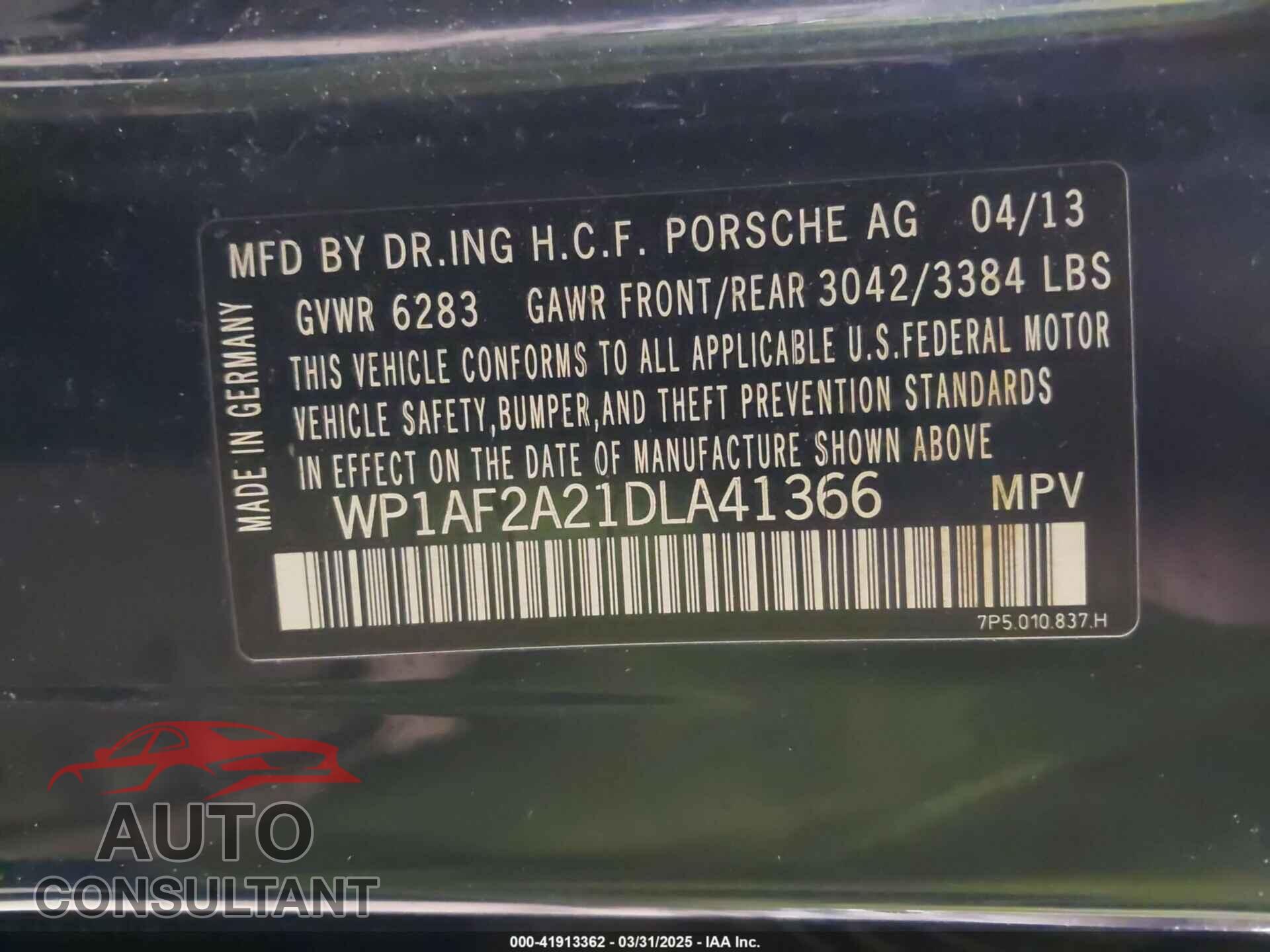 PORSCHE CAYENNE 2013 - WP1AF2A21DLA41366