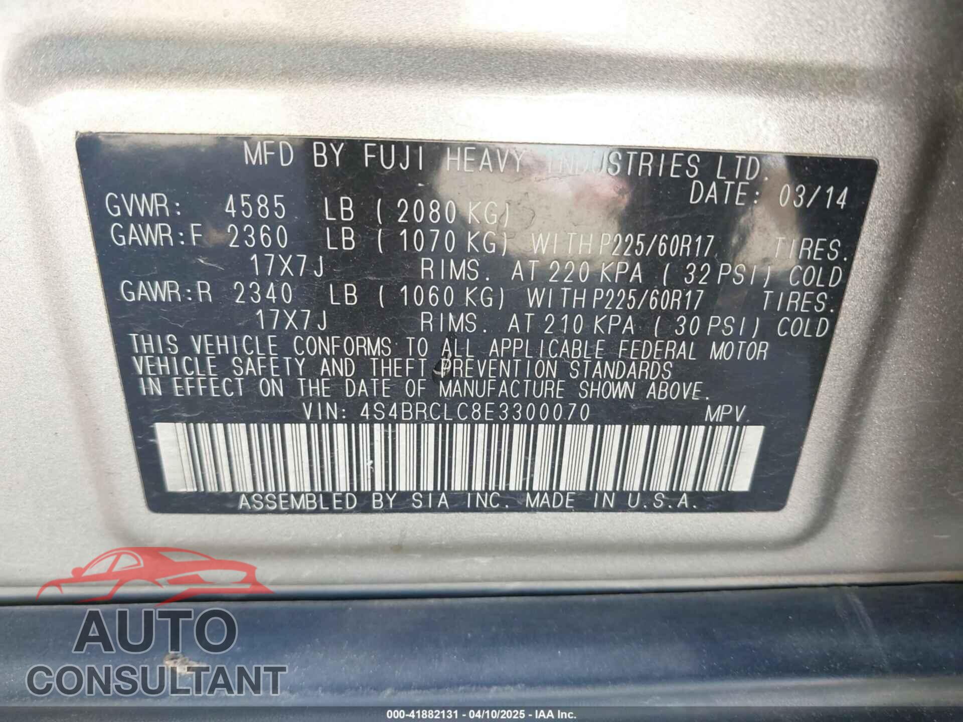 SUBARU OUTBACK 2014 - 4S4BRCLC8E3300070