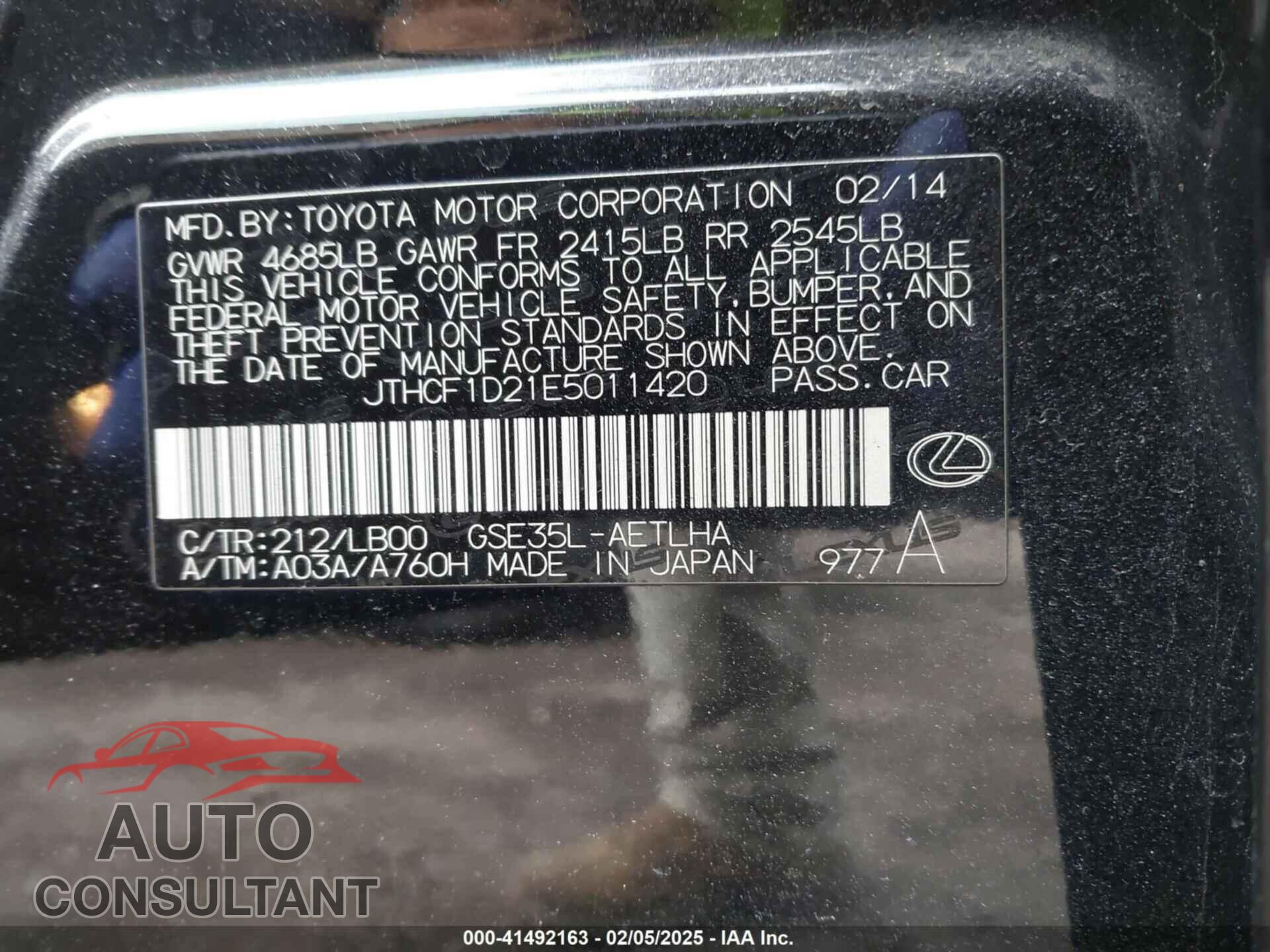 LEXUS IS 250 2014 - JTHCF1D21E5011420