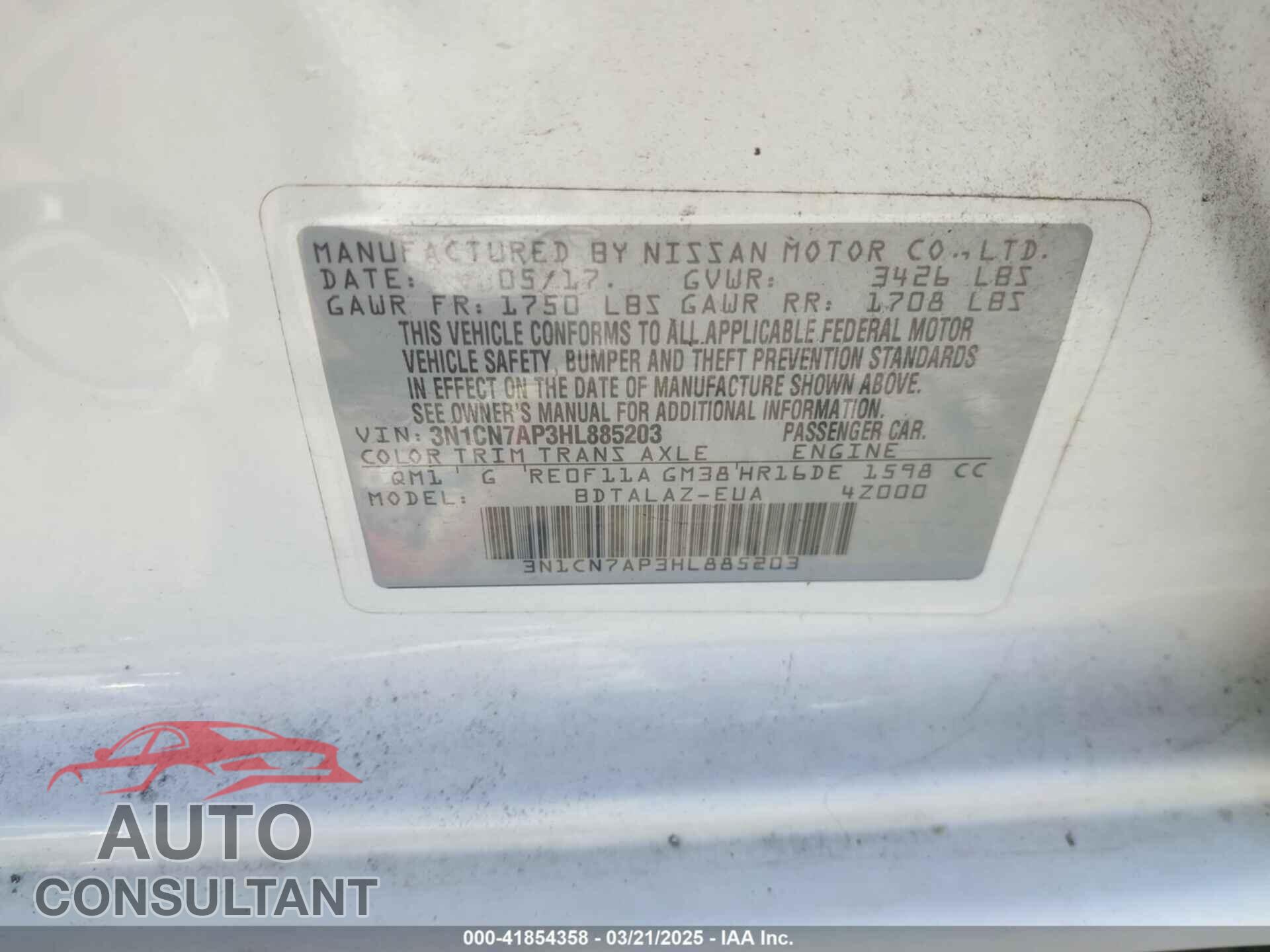 NISSAN VERSA 2017 - 3N1CN7AP3HL885203