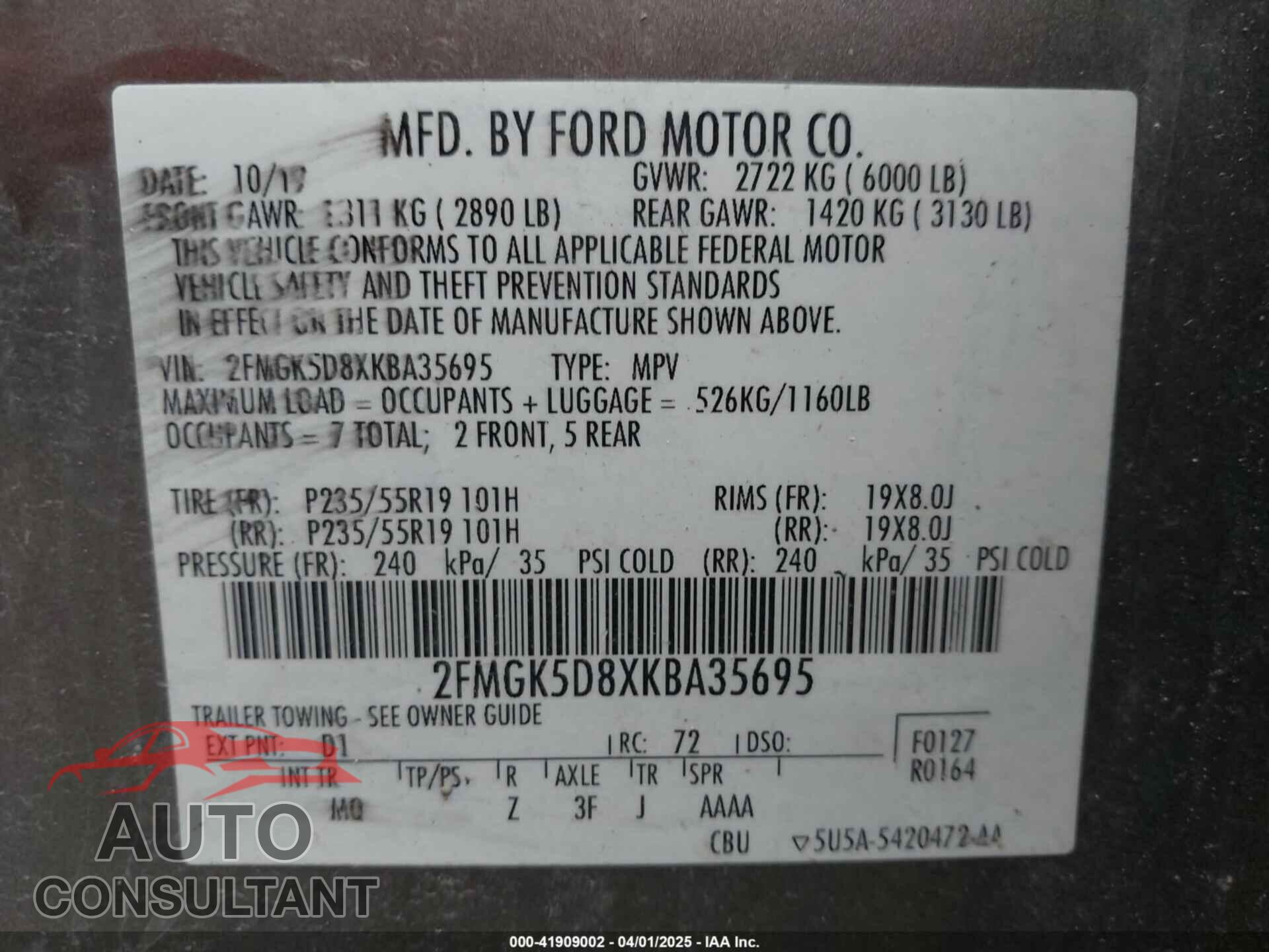 FORD FLEX 2019 - 2FMGK5D8XKBA35695