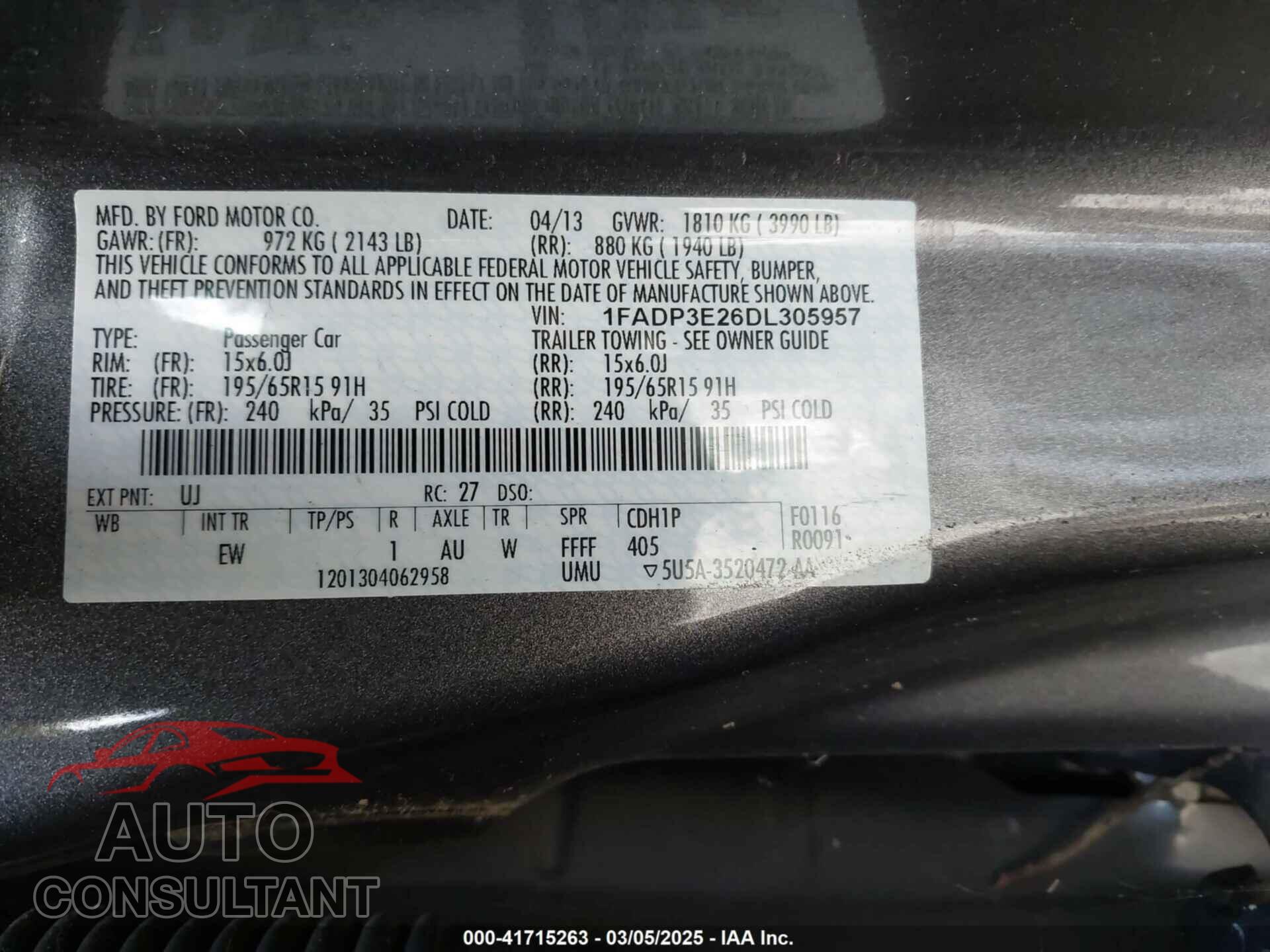 FORD FOCUS 2013 - 1FADP3E26DL305957