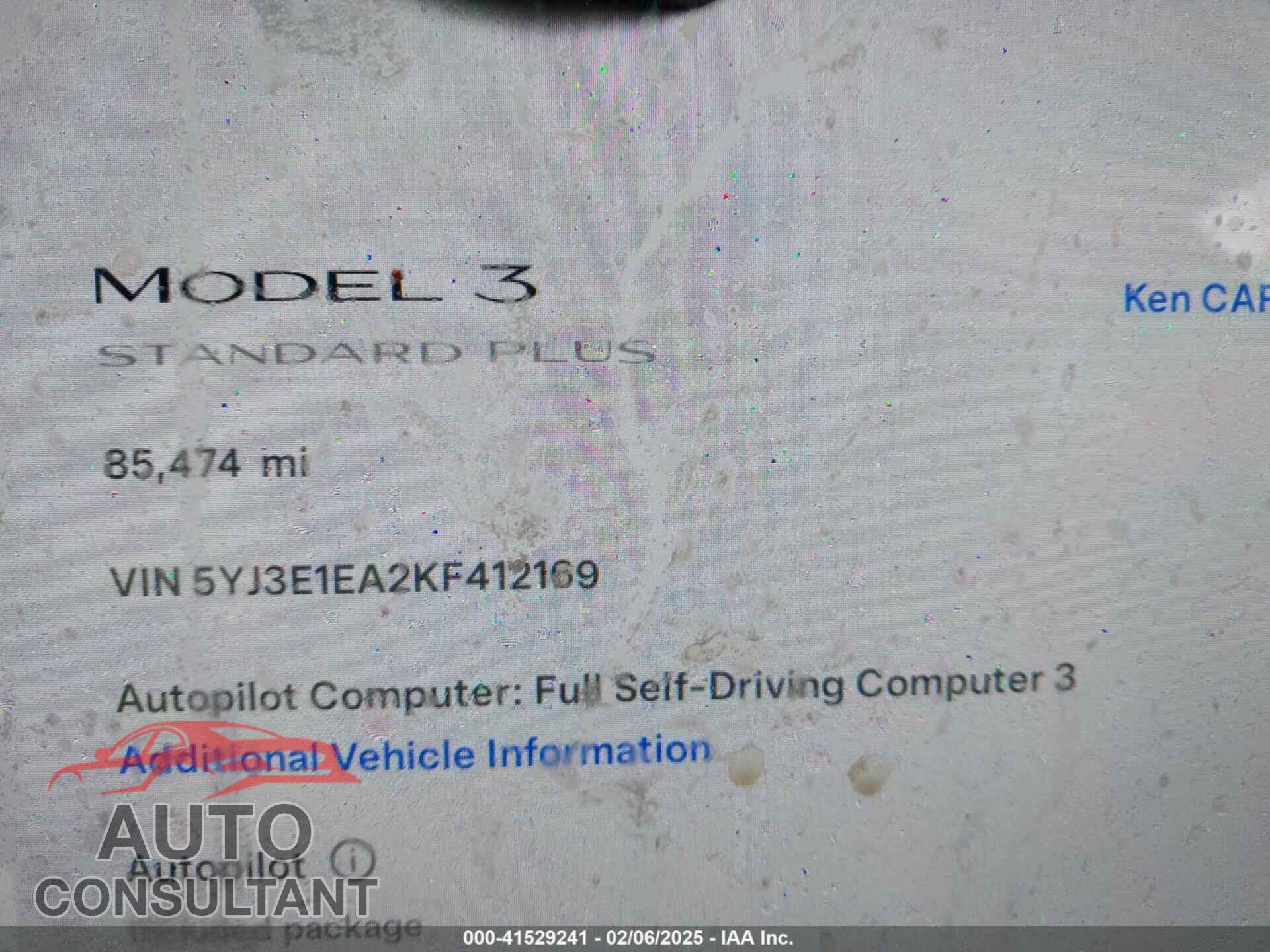 TESLA MODEL 3 2019 - 5YJ3E1EA2KF412169