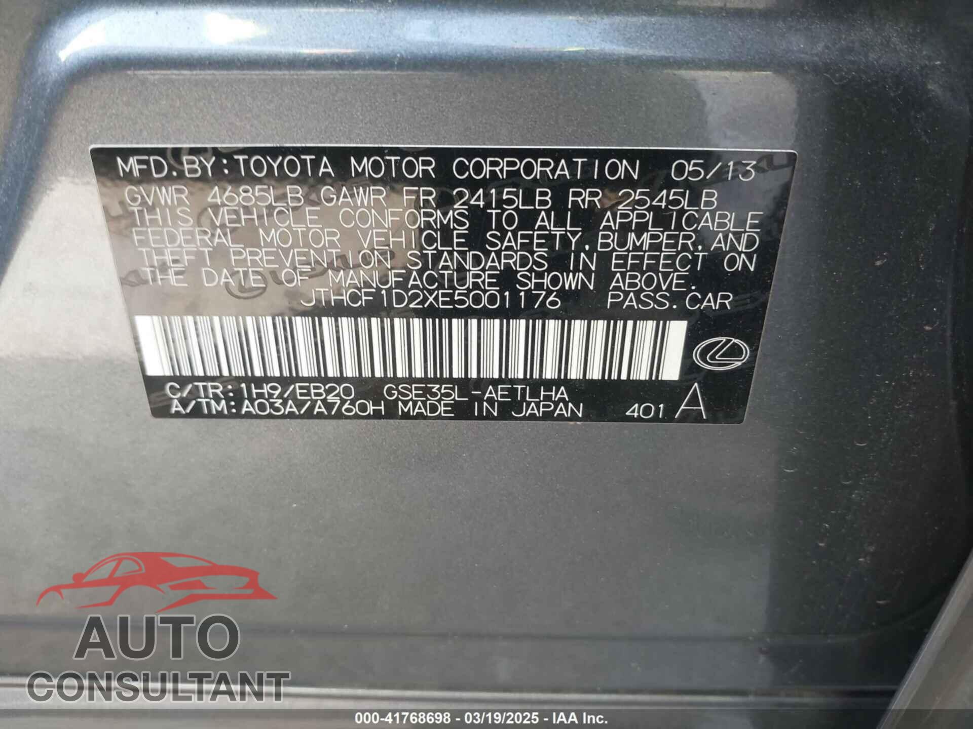 LEXUS IS 250 2014 - JTHCF1D2XE5001176