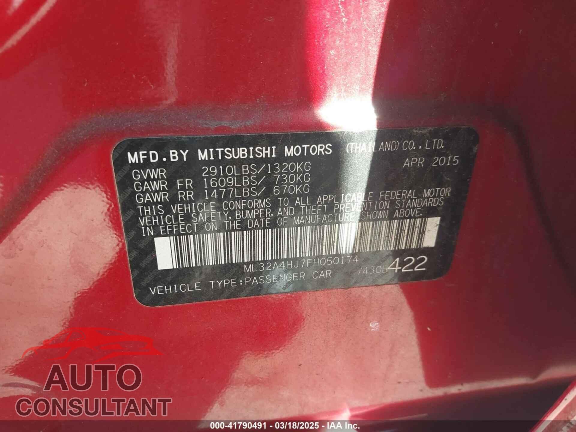 MITSUBISHI MIRAGE 2015 - ML32A4HJ7FH050174