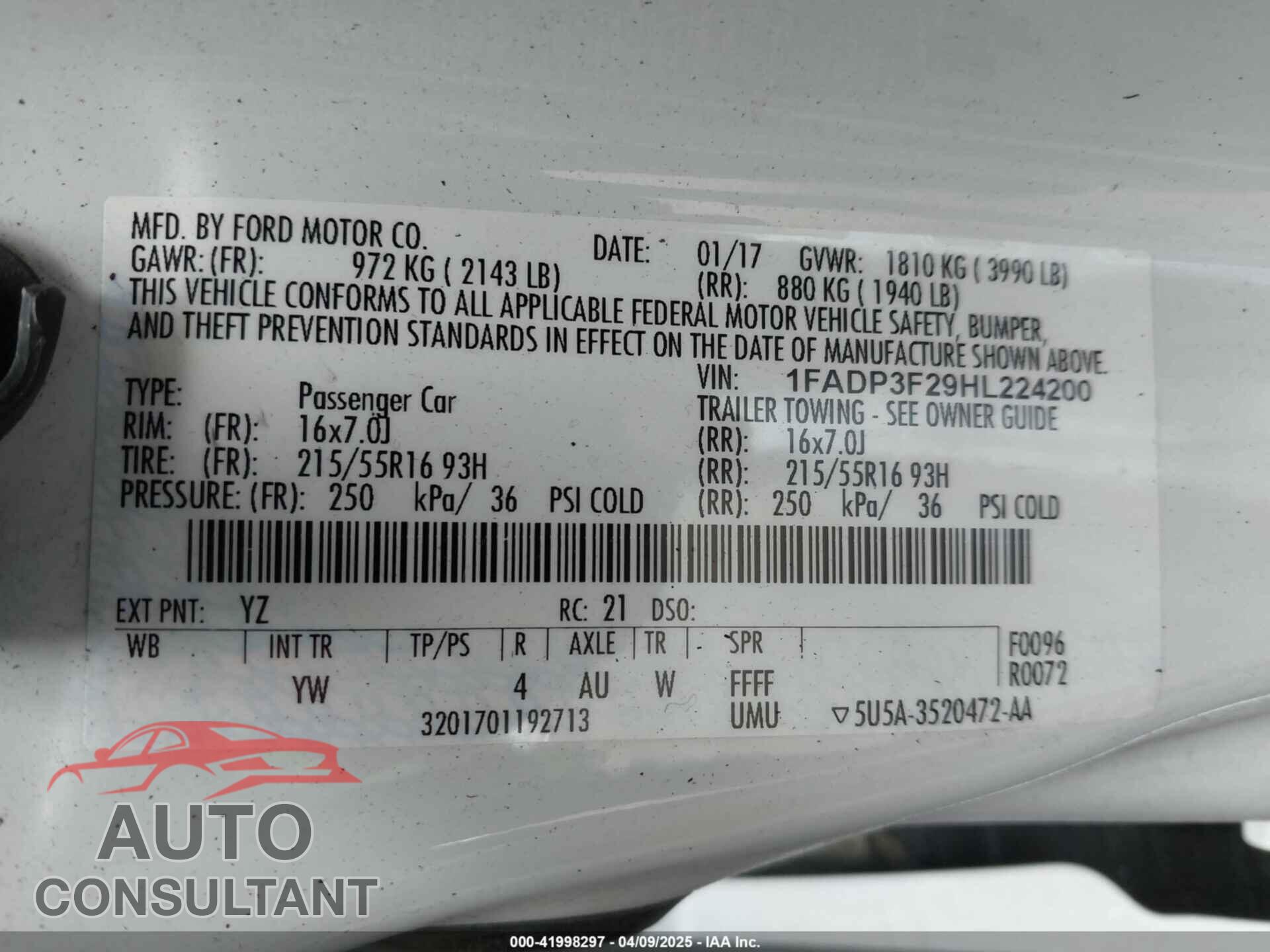 FORD FOCUS 2017 - 1FADP3F29HL224200