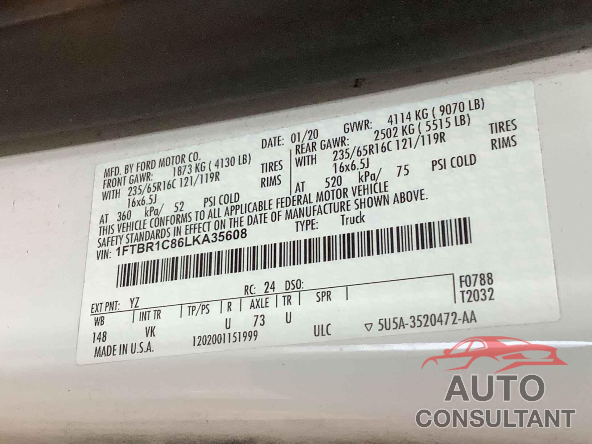 FORD TRANSIT 2020 - 1FTBR1C86LKA35608