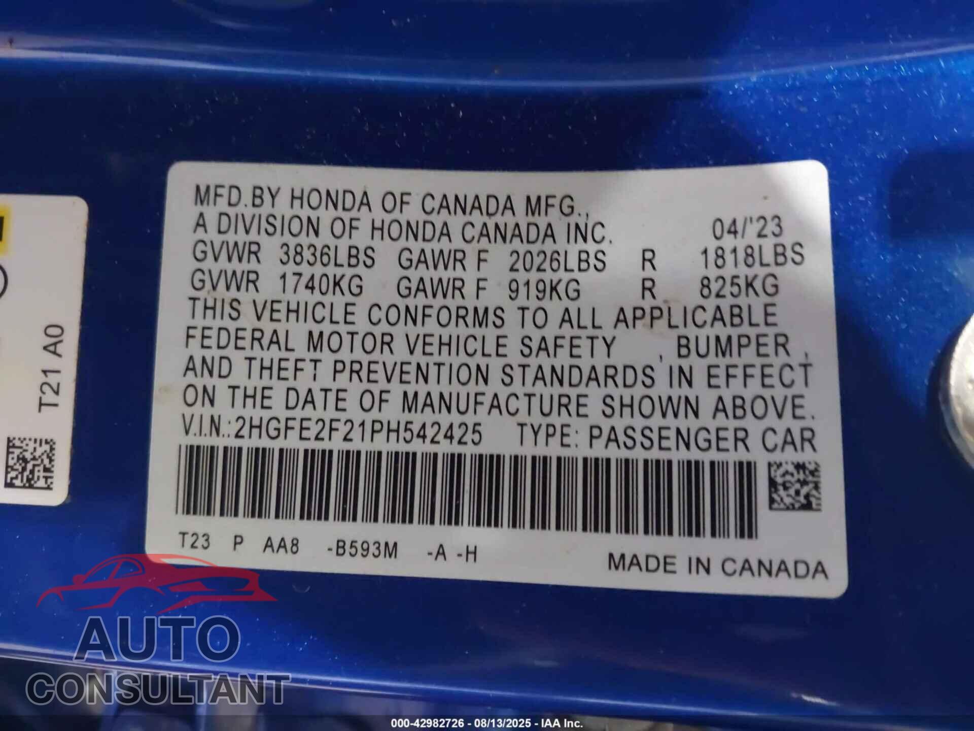 HONDA CIVIC 2023 - 2HGFE2F21PH542425