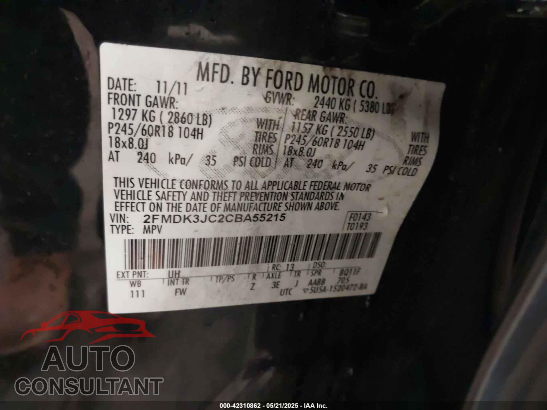 FORD EDGE 2012 - 2FMDK3JC2CBA55215