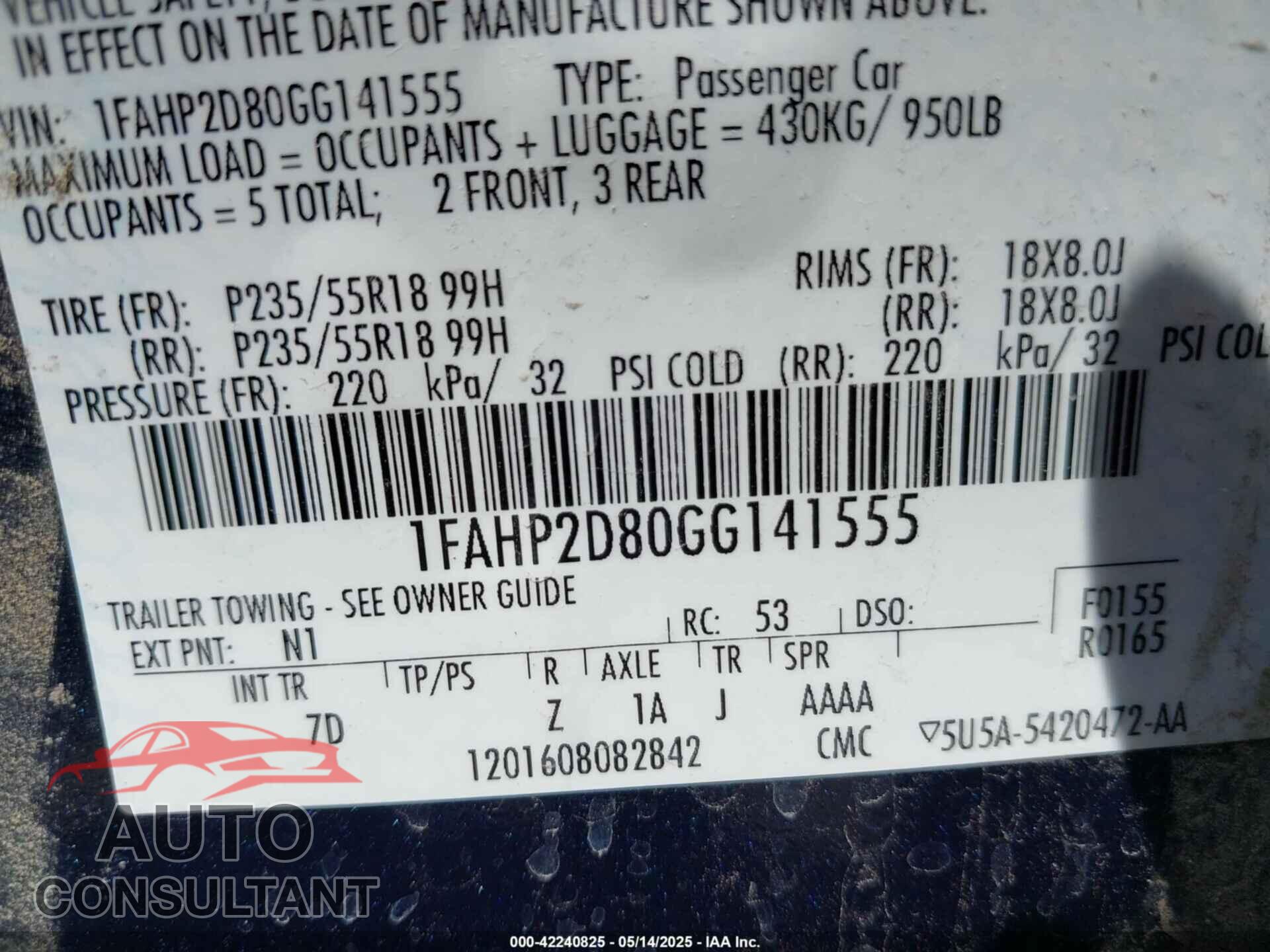 FORD TAURUS 2016 - 1FAHP2D80GG141555
