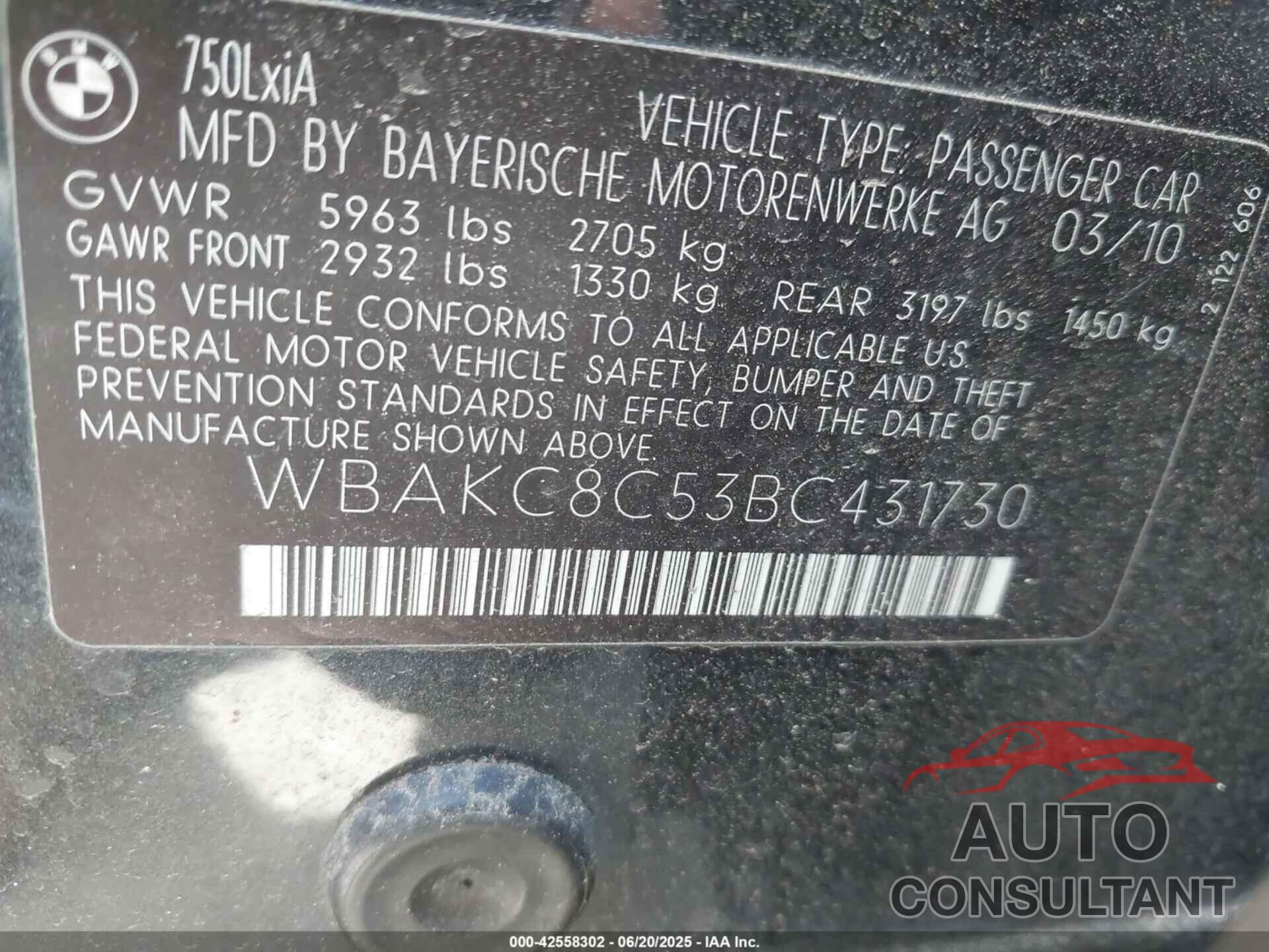 BMW 750LI 2011 - WBAKC8C53BC431730
