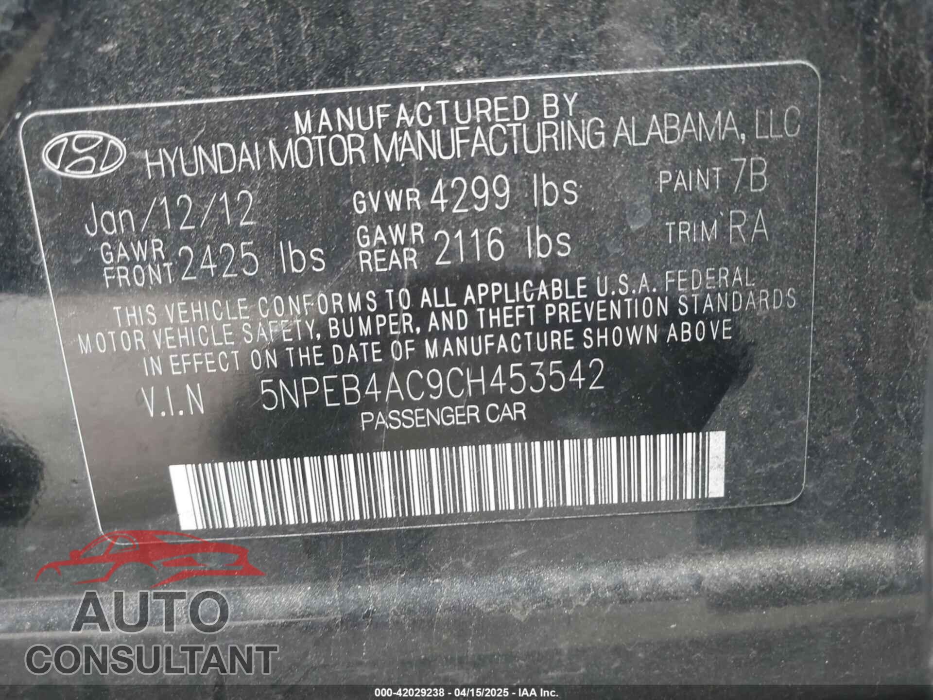 HYUNDAI SONATA 2012 - 5NPEB4AC9CH453542