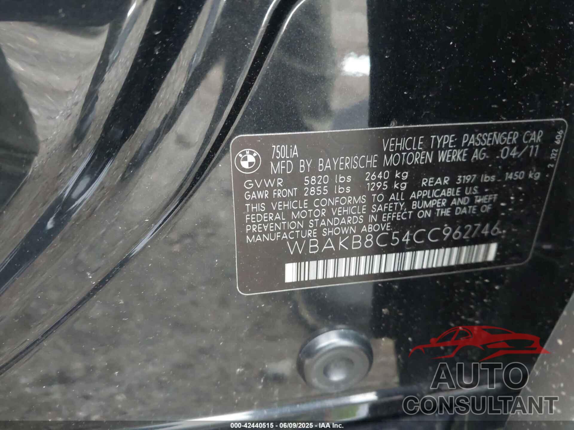 BMW 750LI 2012 - WBAKB8C54CC962746