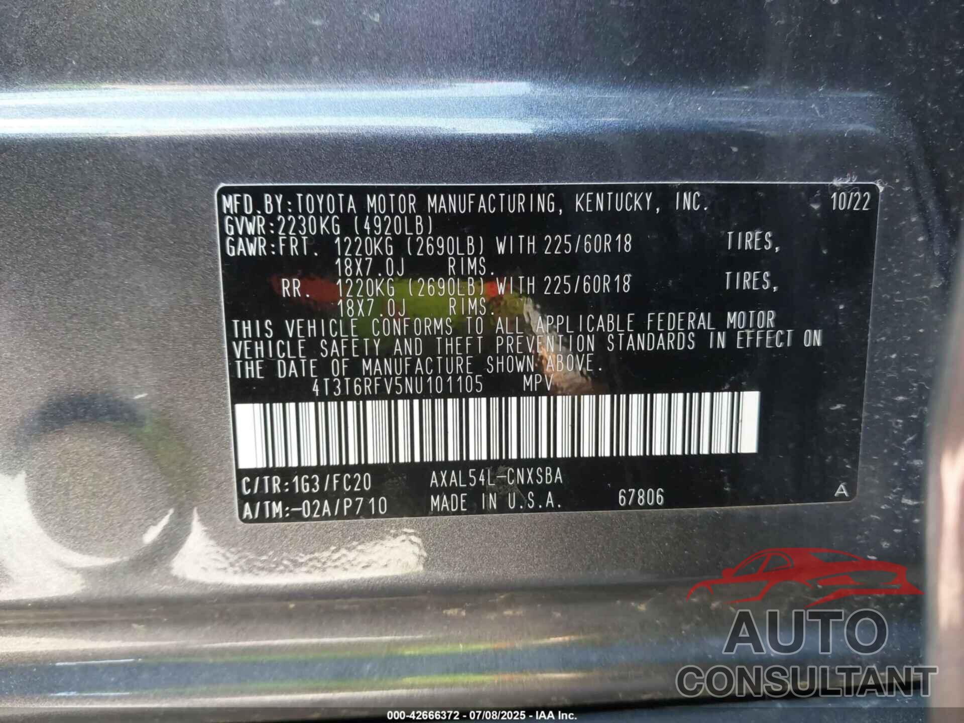 TOYOTA RAV4 HYBRID 2022 - 4T3T6RFV5NU101105