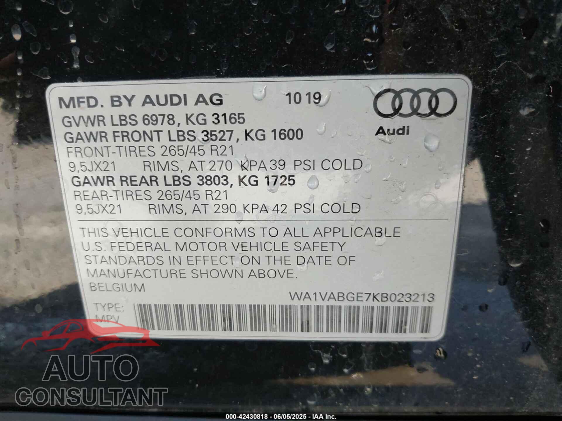 AUDI E-TRON 2019 - WA1VABGE7KB023213