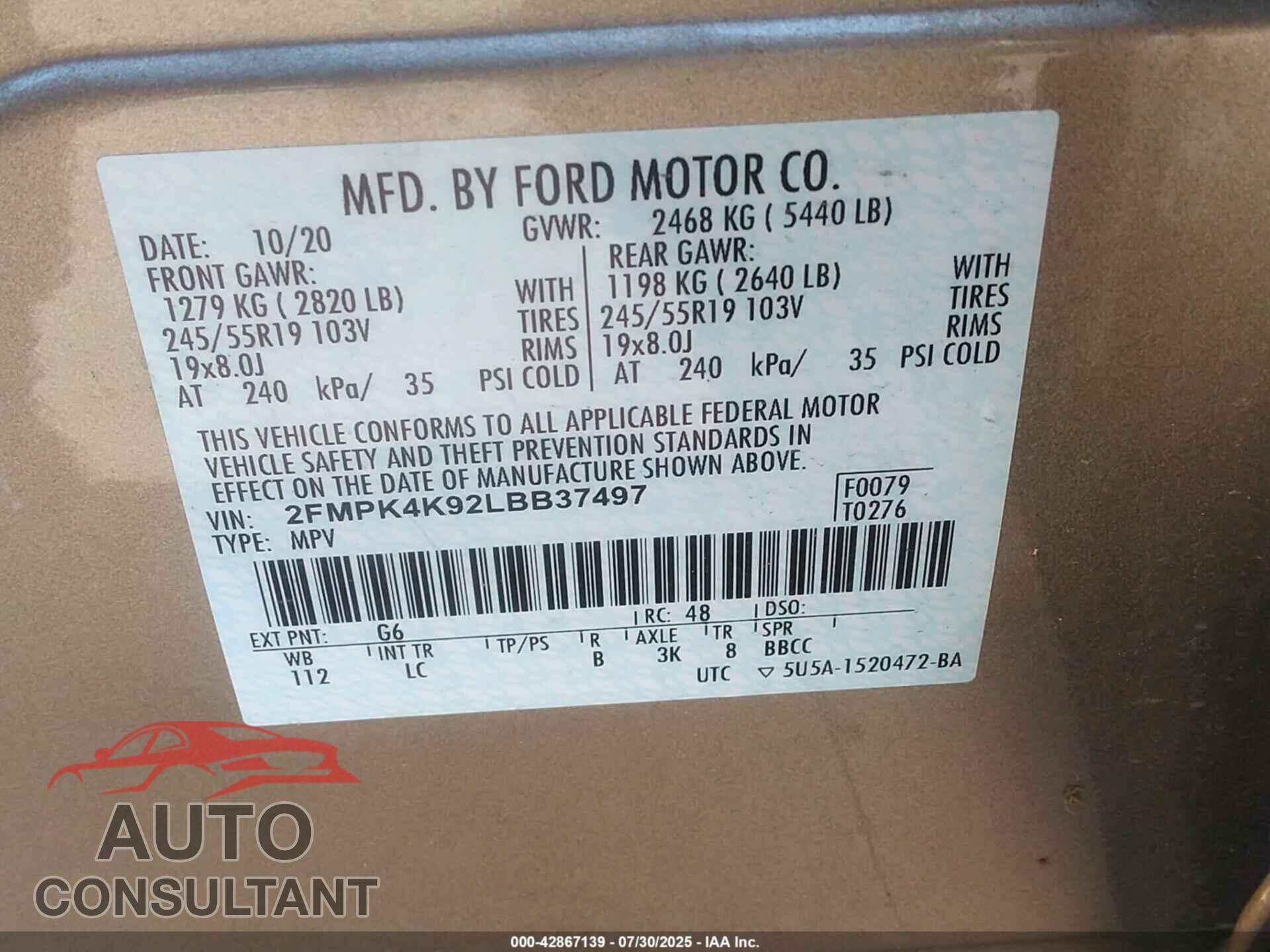 FORD EDGE 2020 - 2FMPK4K92LBB37497