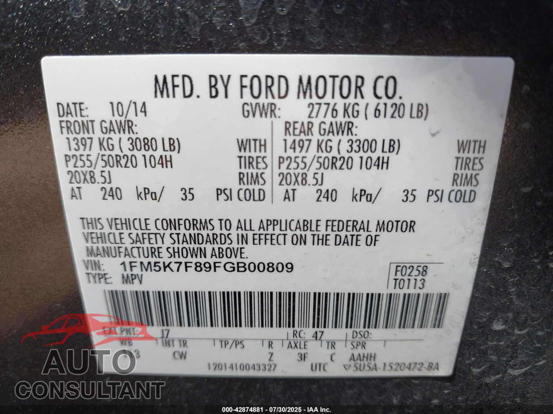 FORD EXPLORER 2015 - 1FM5K7F89FGB00809