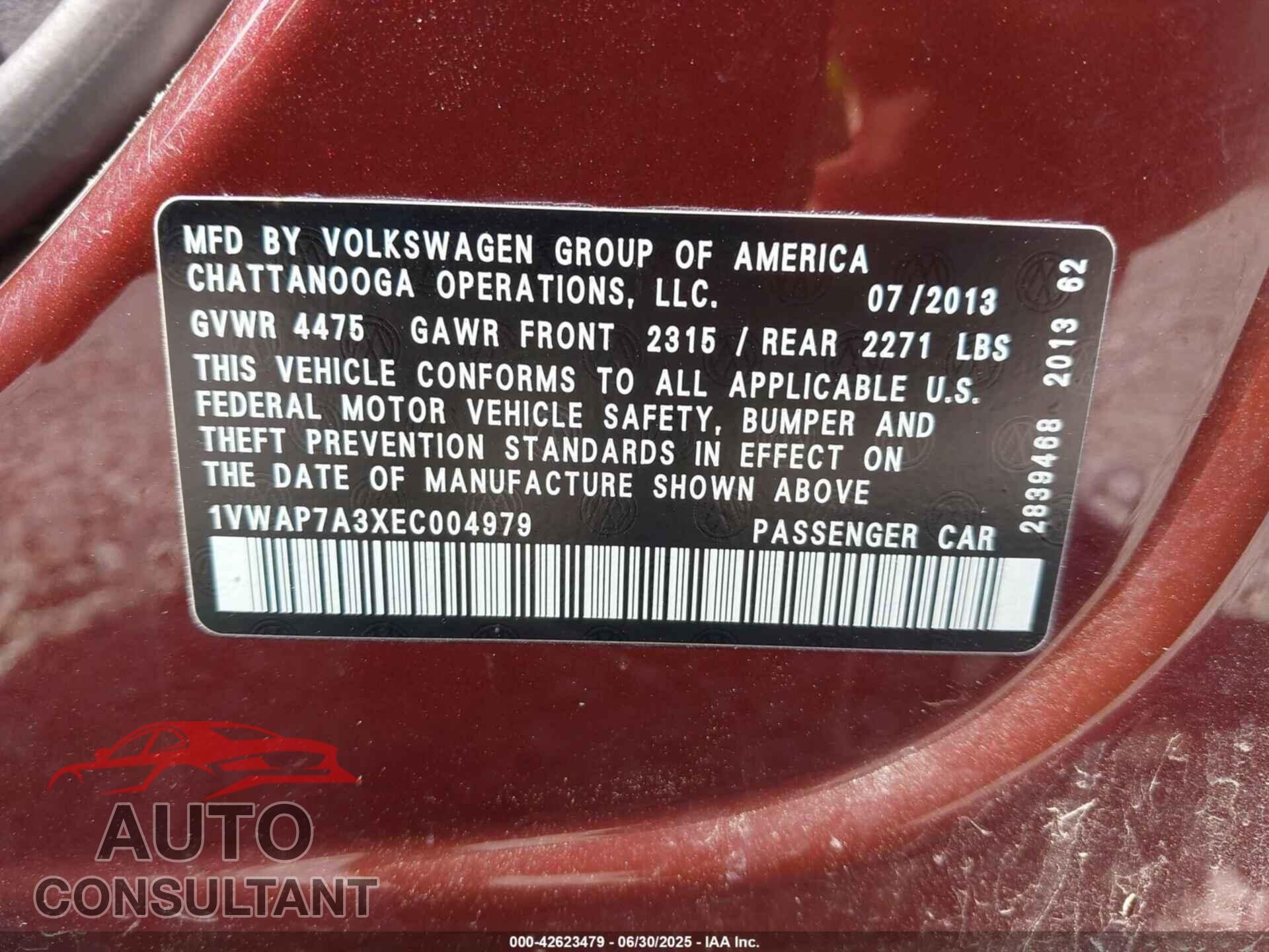 VOLKSWAGEN PASSAT 2014 - 1VWAP7A3XEC004979