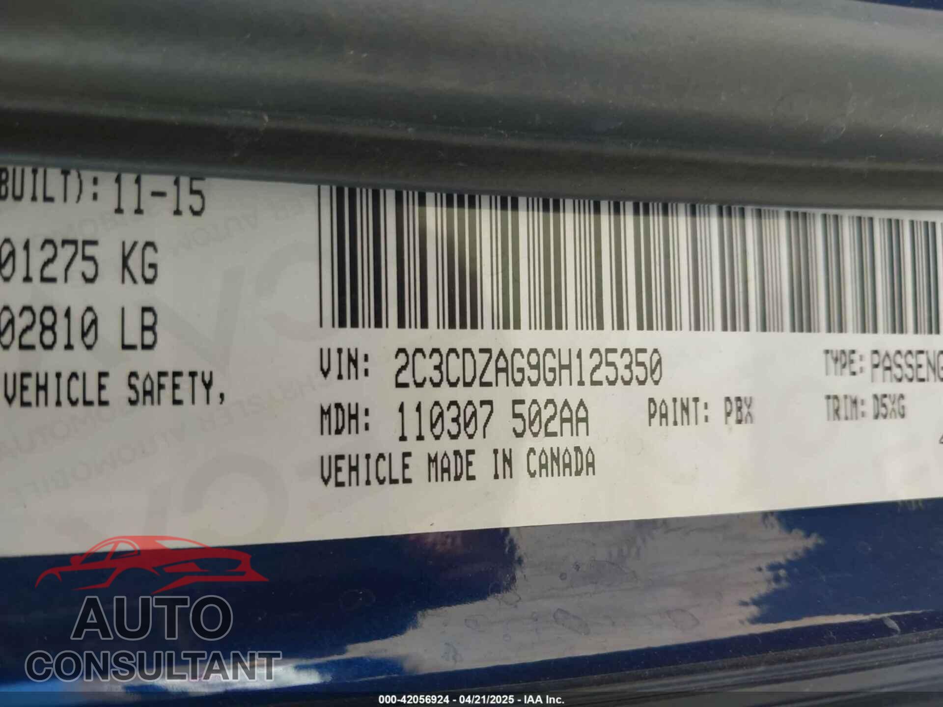 DODGE CHALLENGER 2016 - 2C3CDZAG9GH125350