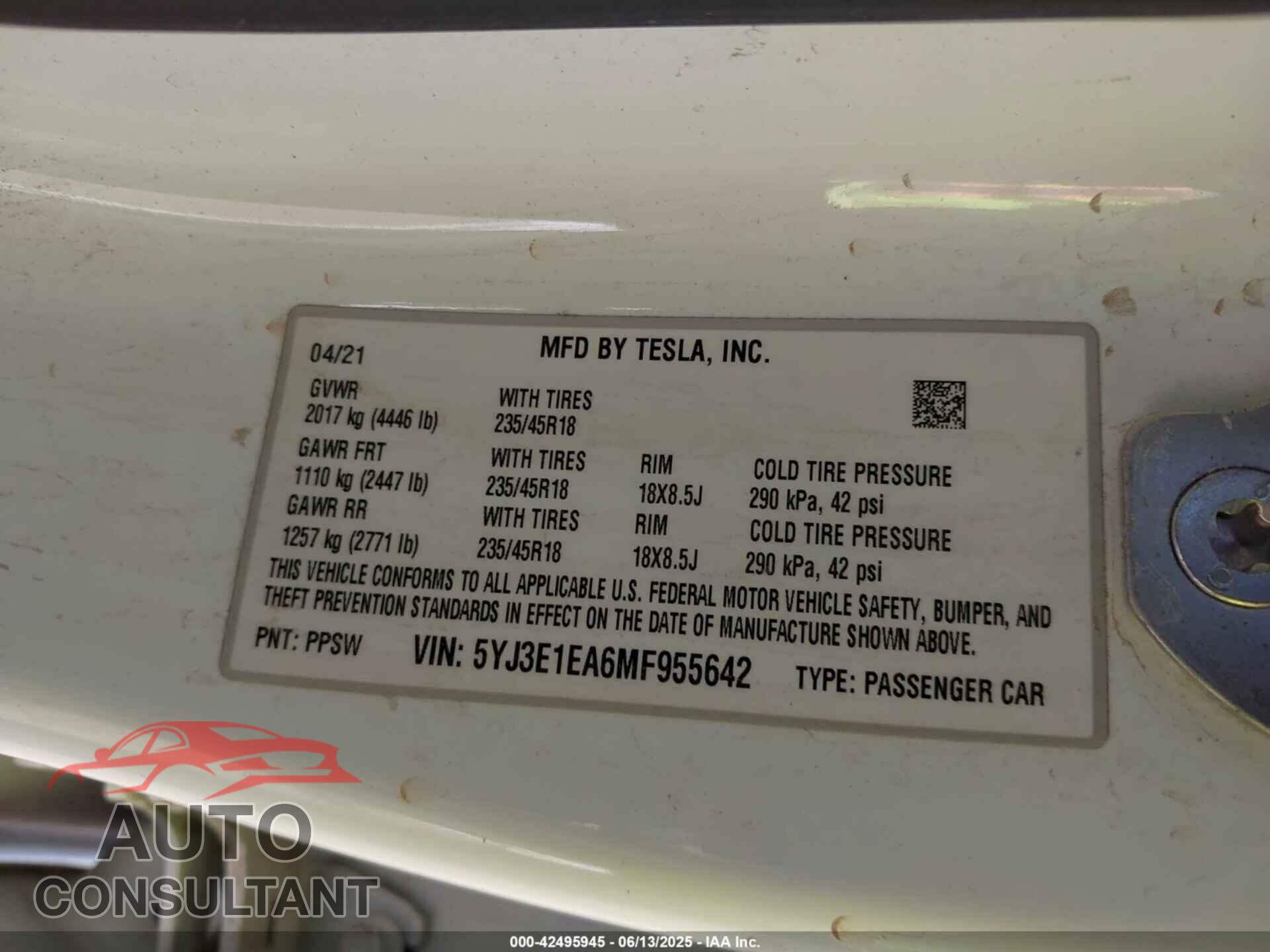 TESLA MODEL 3 2021 - 5YJ3E1EA6MF955642