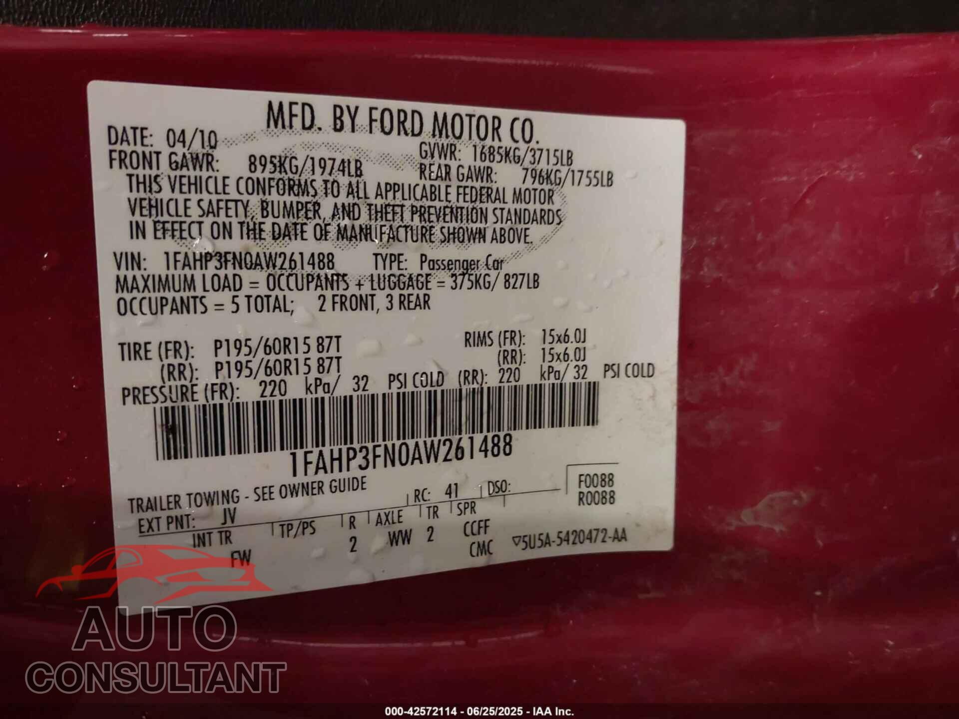 FORD FOCUS 2010 - 1FAHP3FN0AW261488