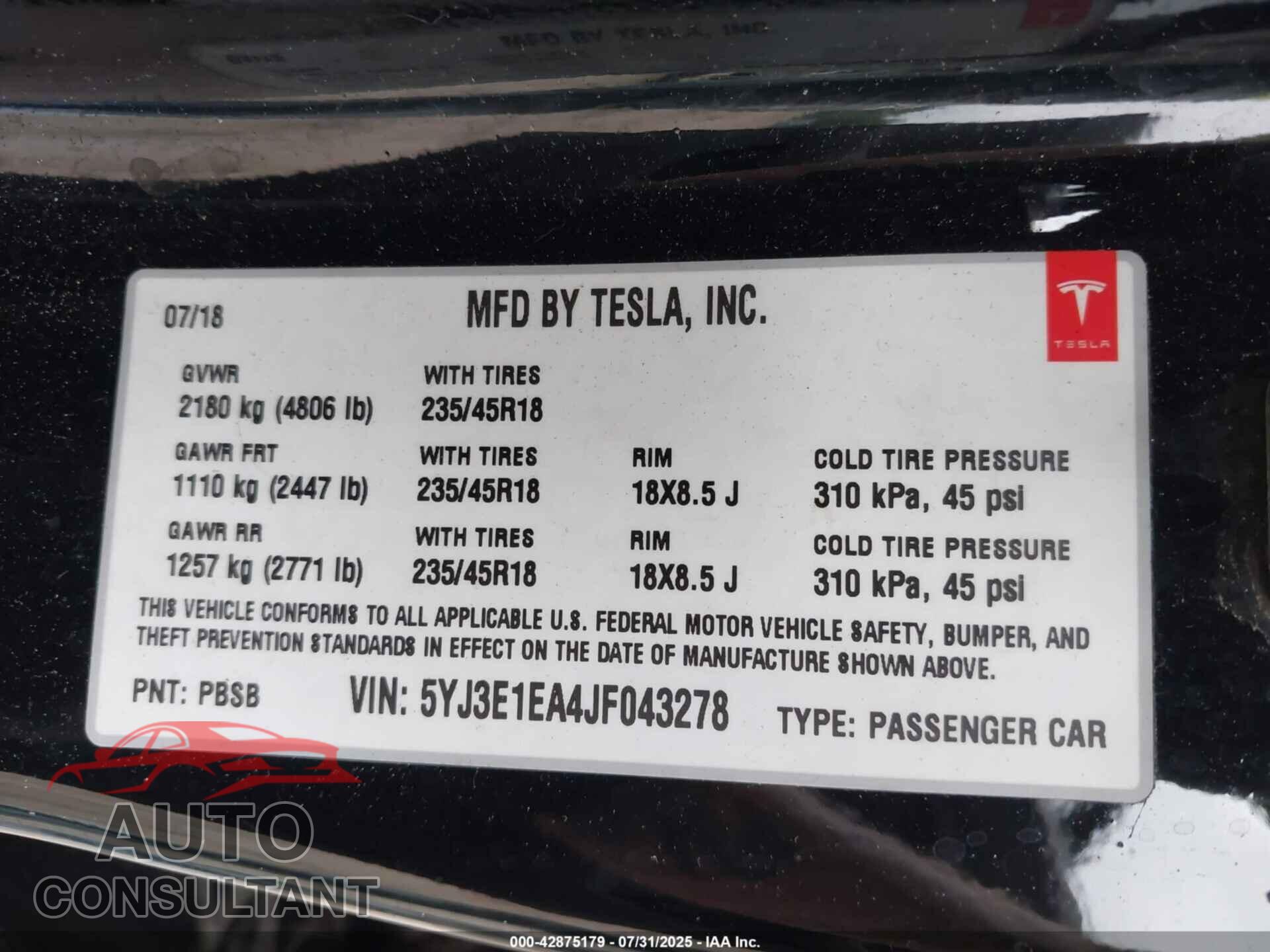 TESLA MODEL 3 2018 - 5YJ3E1EA4JF043278