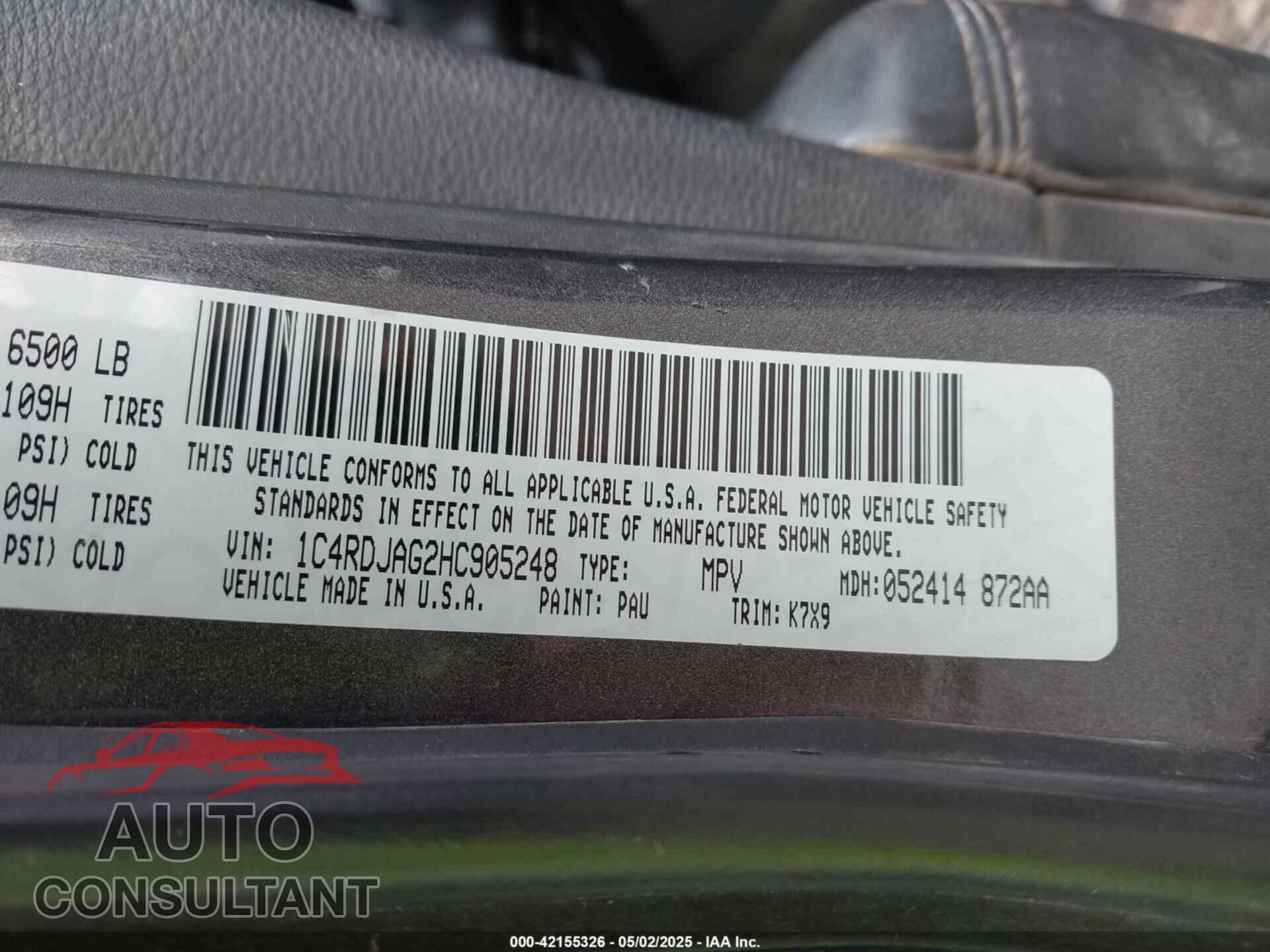 DODGE DURANGO 2017 - 1C4RDJAG2HC905248