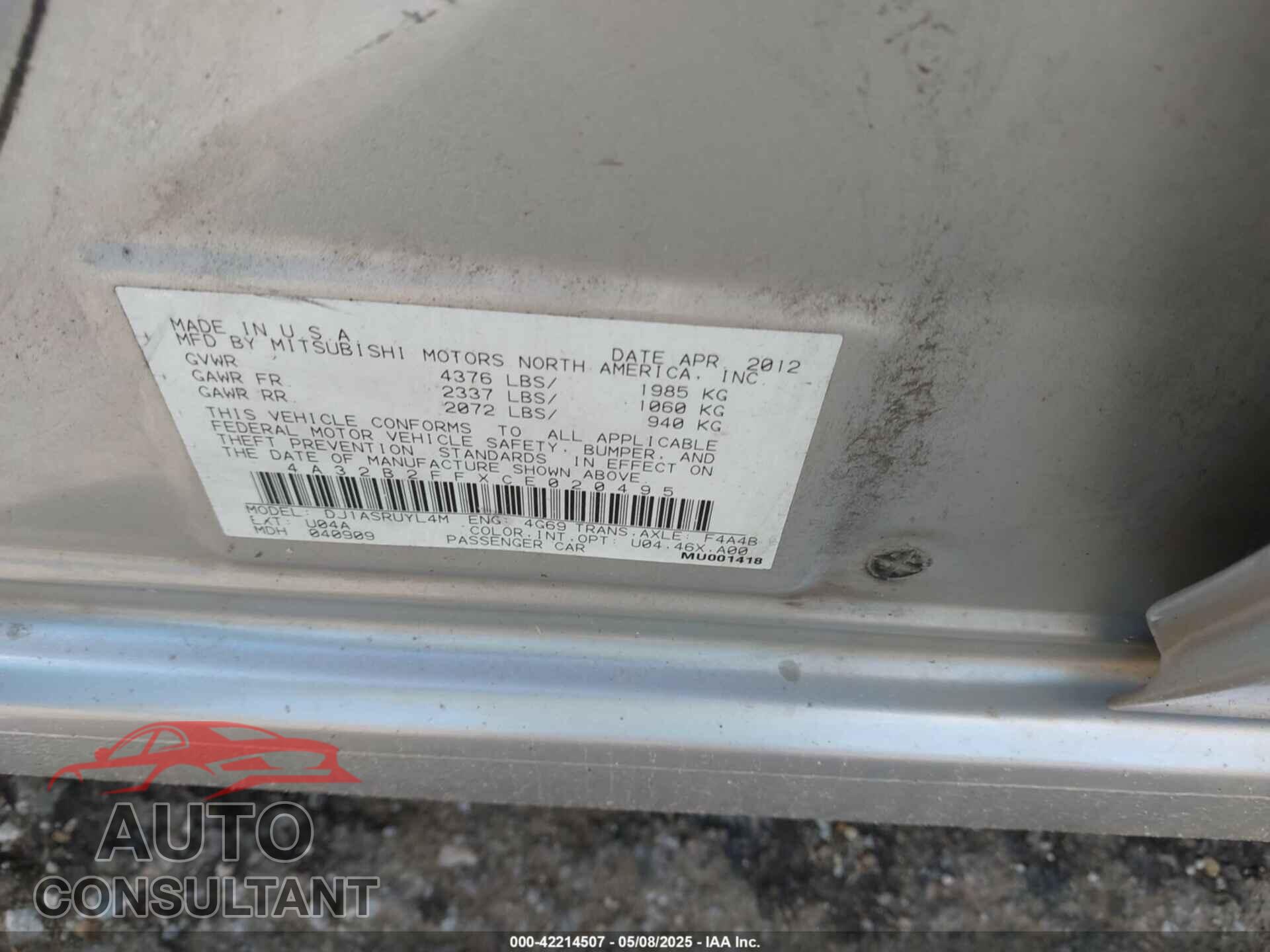 MITSUBISHI GALANT 2012 - 4A32B2FFXCE020495