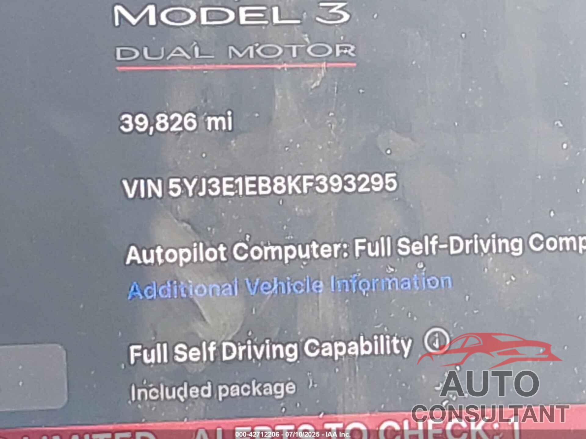 TESLA MODEL 3 2019 - 5YJ3E1EB8KF393295